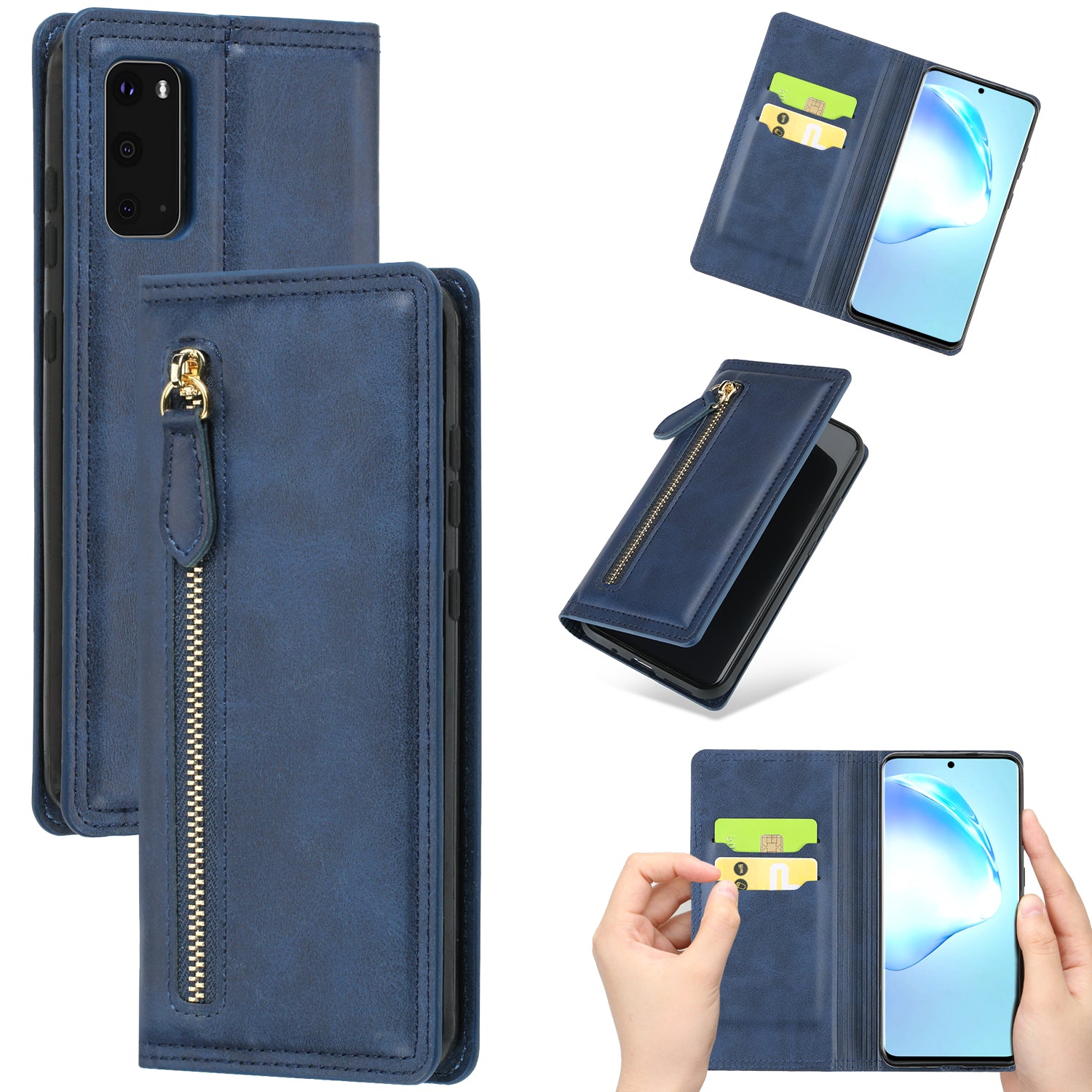 Zipper Pocket Wallet Leather Phone Cover Casing for Samsung Galaxy S20 4G/S20 5G - Blue