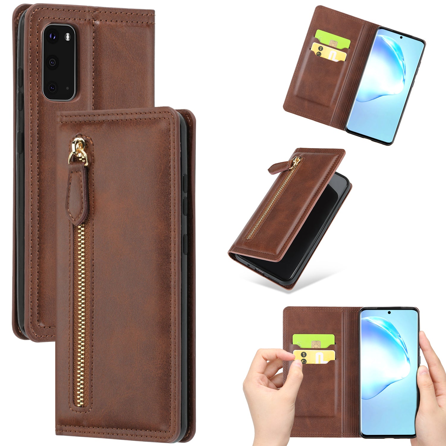 Zipper Pocket Wallet Leather Phone Cover Casing for Samsung Galaxy S20 4G/S20 5G - Coffee