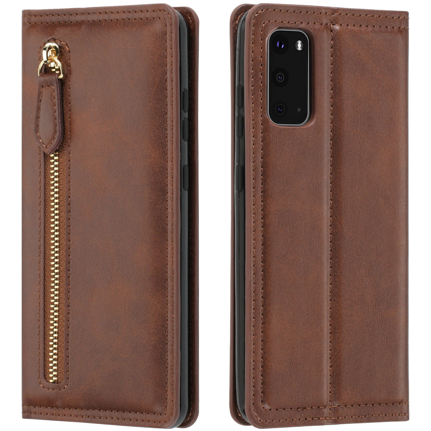 Zipper Pocket Wallet Leather Phone Cover Casing for Samsung Galaxy S20 4G/S20 5G - Coffee