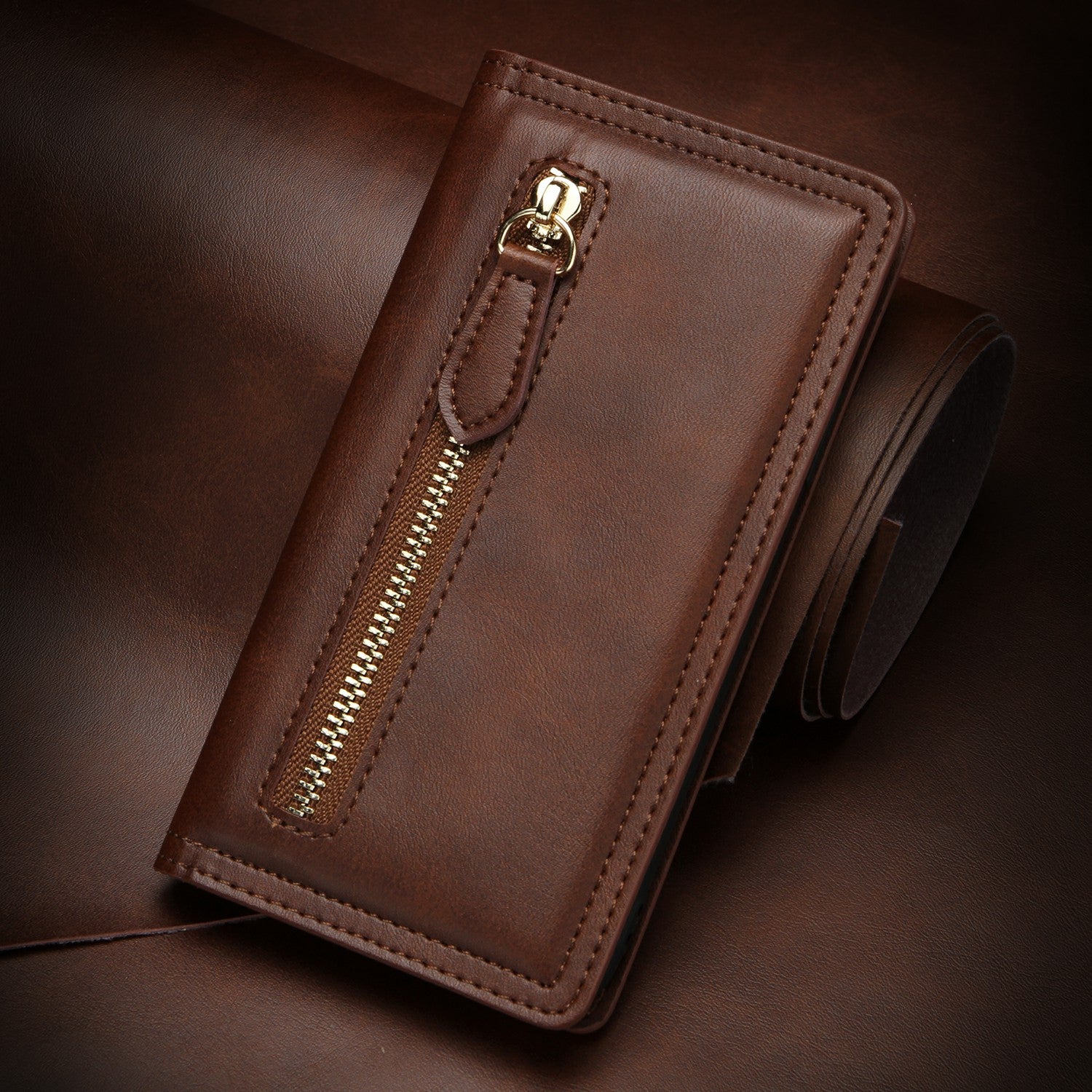 Zipper Pocket Wallet Leather Phone Cover Casing for Samsung Galaxy S20 4G/S20 5G - Coffee