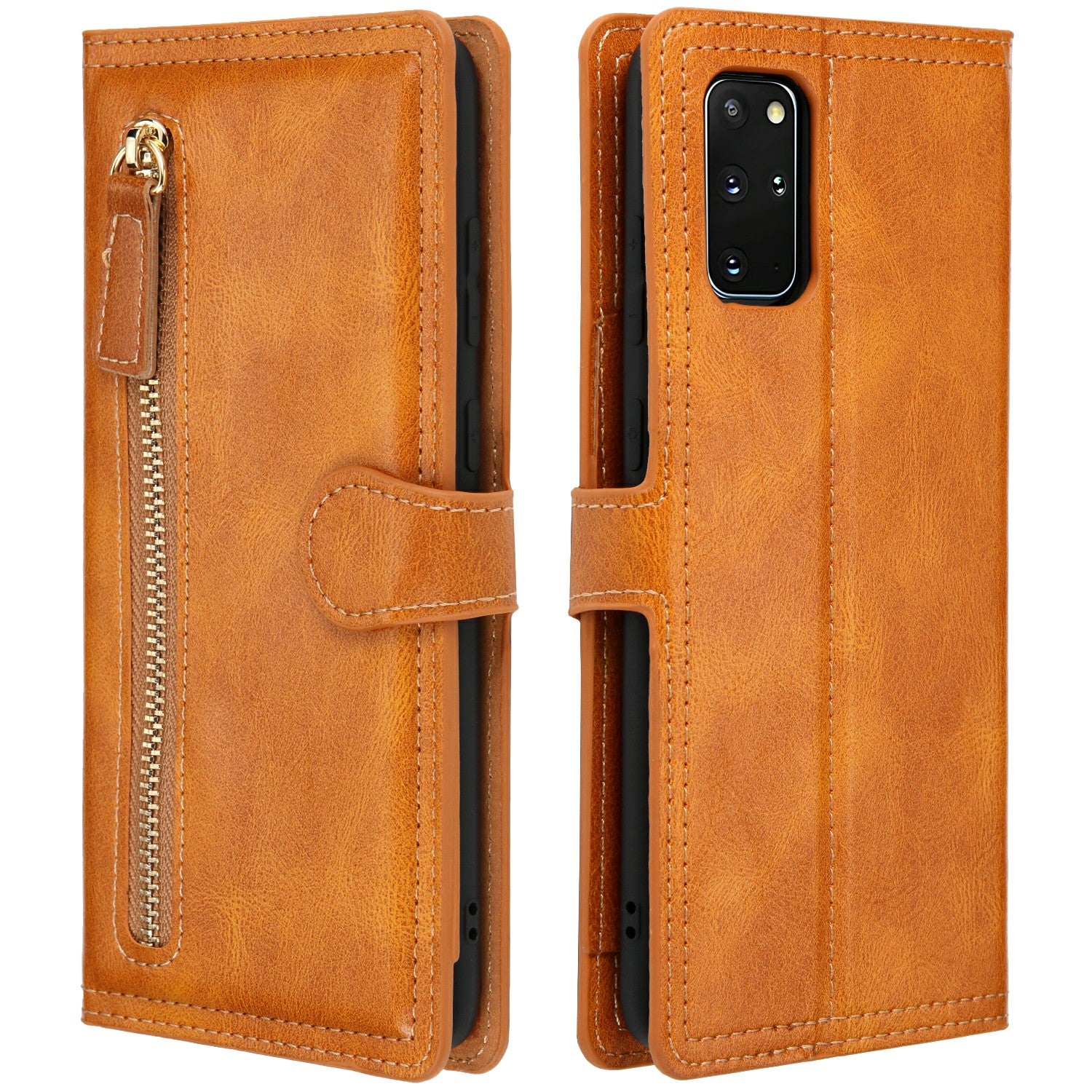 Zipper Pocket Wallet Leather Phone Cover Casing for Samsung Galaxy S20 Plus / S20 Plus 5G - Brown