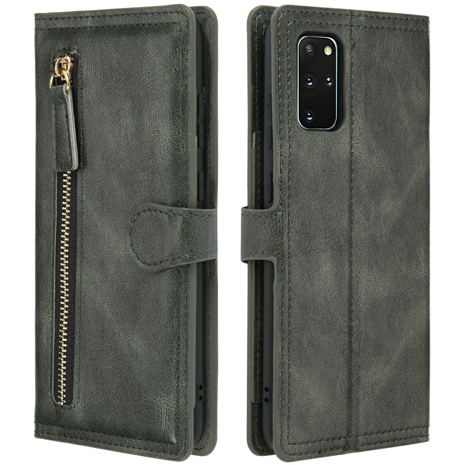 Zipper Pocket Wallet Leather Phone Cover Casing for Samsung Galaxy S20 Plus / S20 Plus 5G - Green