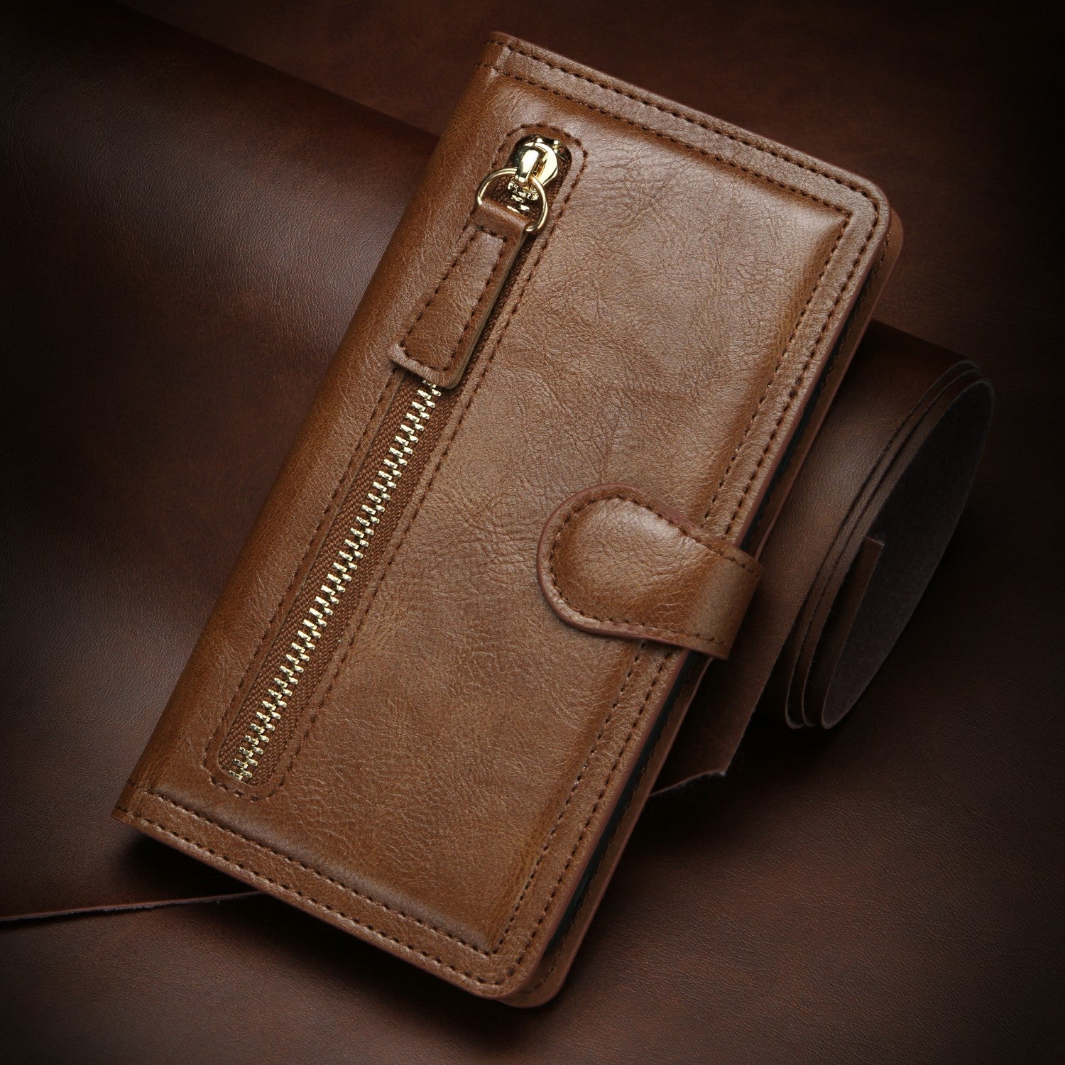 Zipper Pocket Wallet Leather Phone Cover Casing for Samsung Galaxy S20 Plus / S20 Plus 5G - Coffee