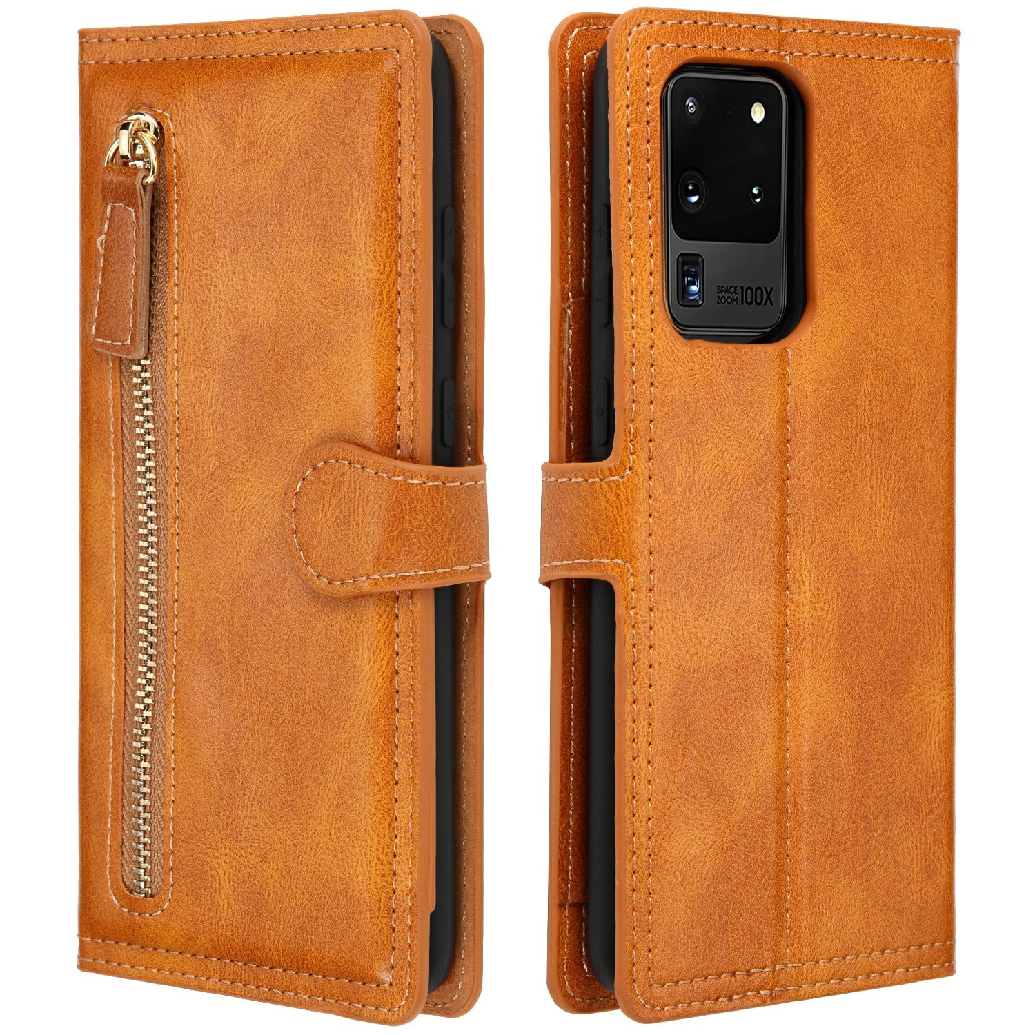 Zipper Pocket Wallet Leather Phone Cover Casing for Samsung Galaxy S20 Ultra - Brown