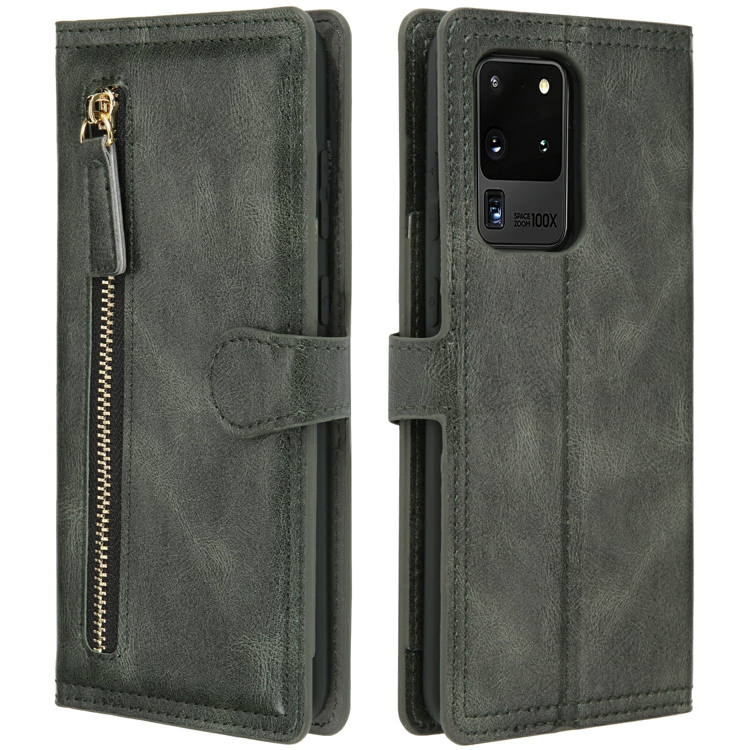 Zipper Pocket Wallet Leather Phone Cover Casing for Samsung Galaxy S20 Ultra - Green