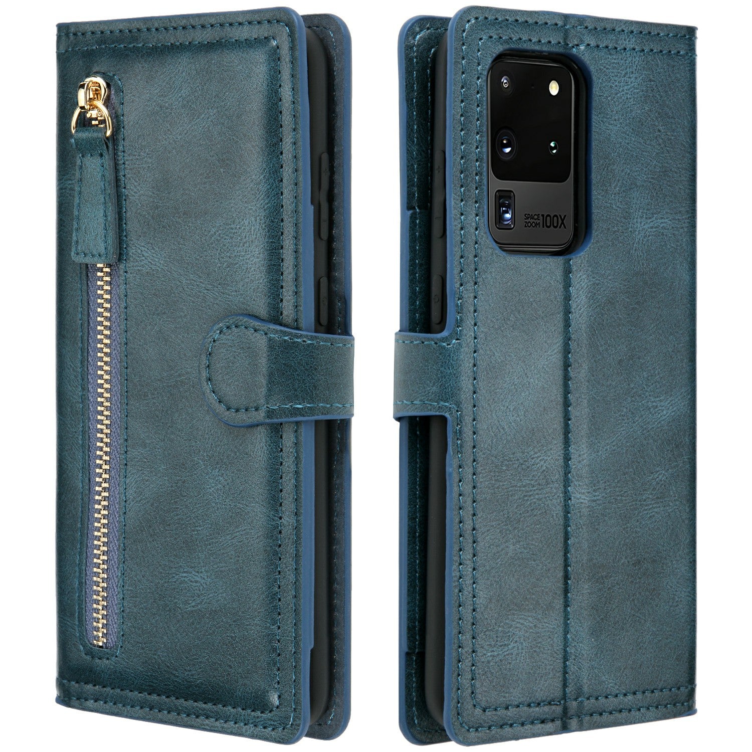 Zipper Pocket Wallet Leather Phone Cover Casing for Samsung Galaxy S20 Ultra - Blue