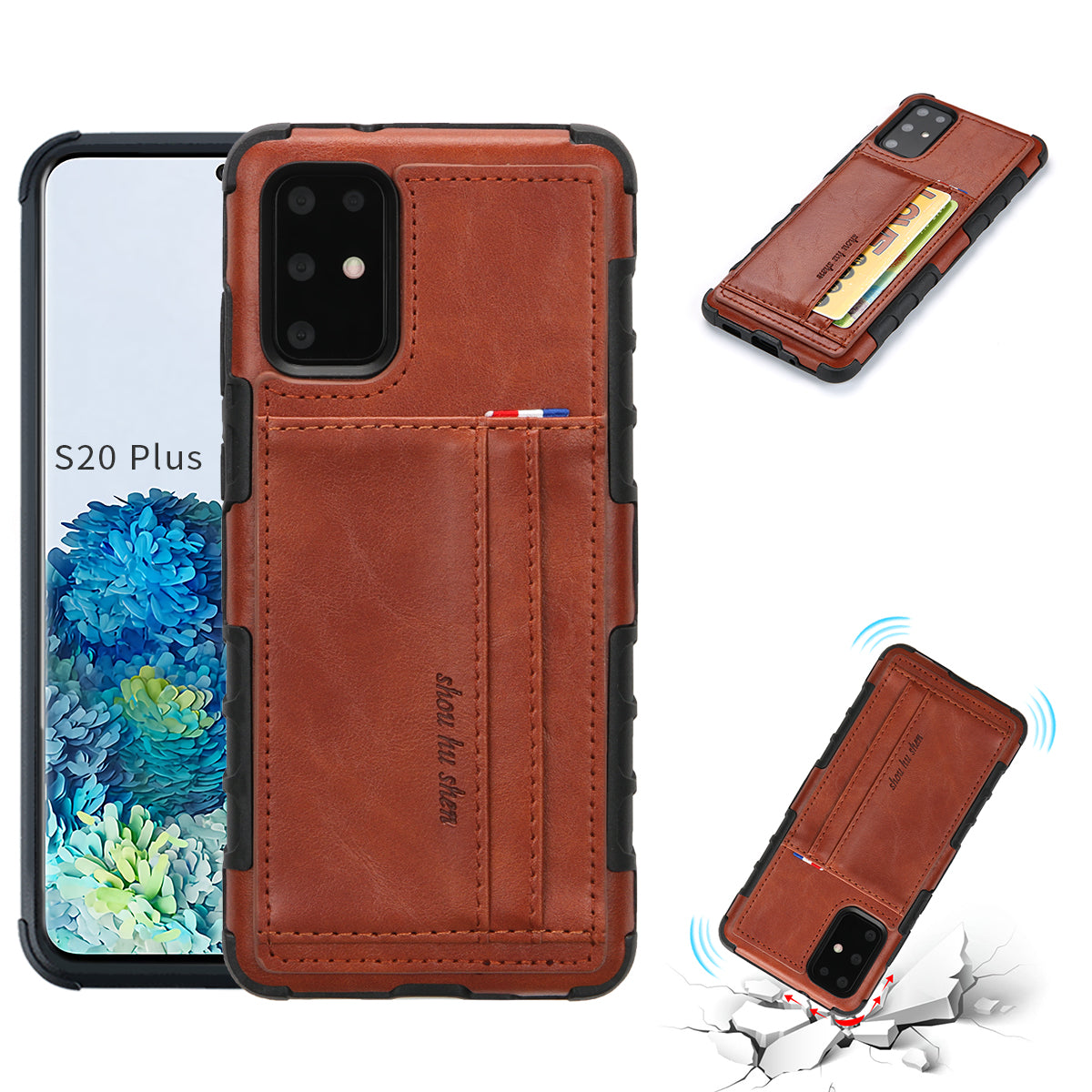 SHOUHUSHEN for Samsung Galaxy S20 Plus/S20 Plus 5G Cover PU Leather+PC Hard Case with Card Slots - Brown