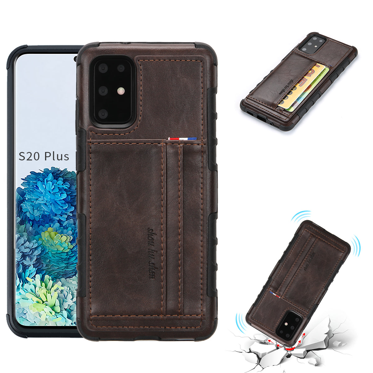 SHOUHUSHEN for Samsung Galaxy S20 Plus/S20 Plus 5G Cover PU Leather+PC Hard Case with Card Slots - Coffee