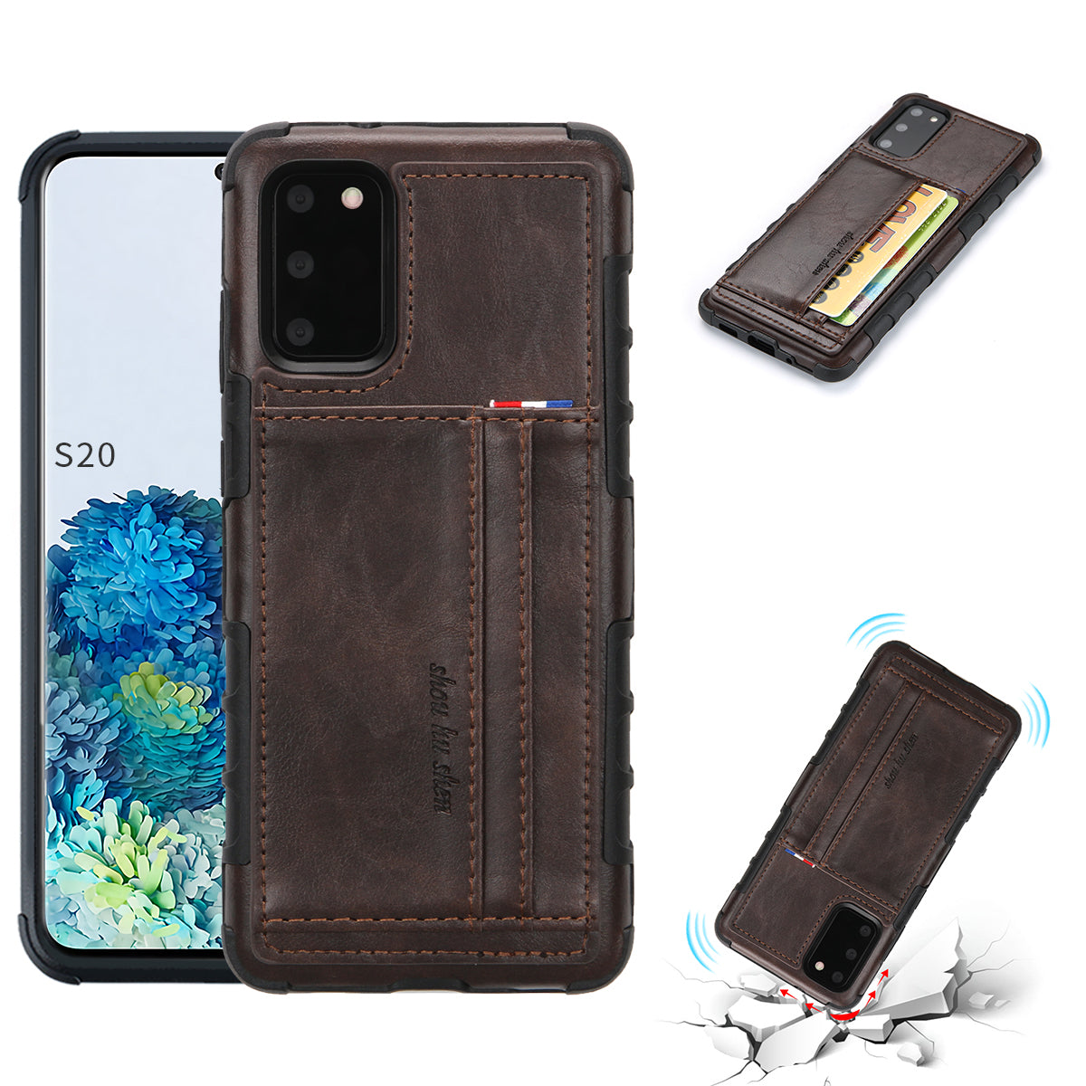 SHOUHUSHEN Cover PU Leather+PC Hard Case with Card Slots for Samsung Galaxy S20 4G/S20 5G - Coffee