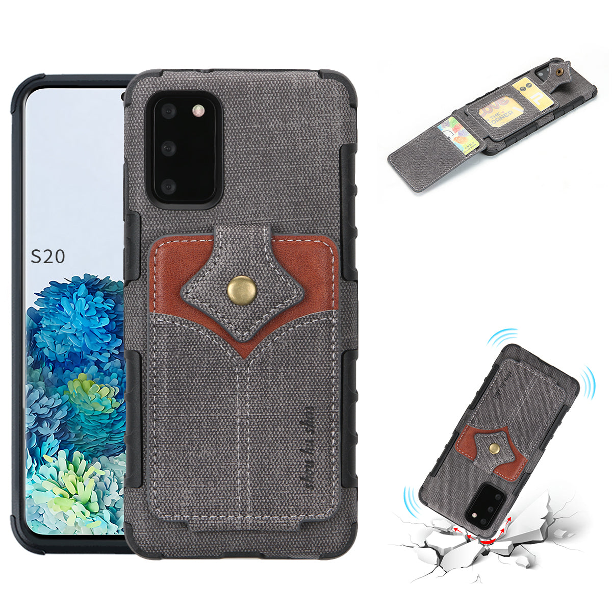 SHOUHUSHEN Maple Buckle Card Holder Leather Coated PC Case for Samsung Galaxy S20 4G/S20 5G - Dark Grey