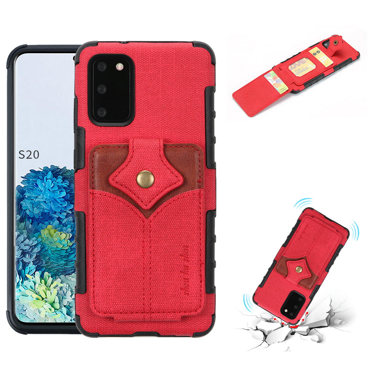 SHOUHUSHEN Maple Buckle Card Holder Leather Coated PC Case for Samsung Galaxy S20 4G/S20 5G - Red