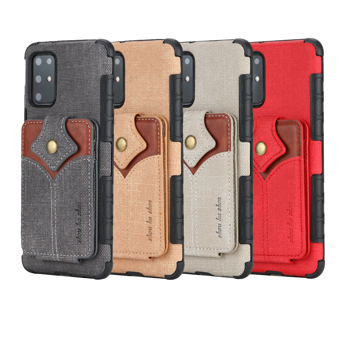 SHOUHUSHEN Maple Buckle Card Holder Leather Coated Hard Plastic Case for Samsung Galaxy S20 Plus - Dark Grey