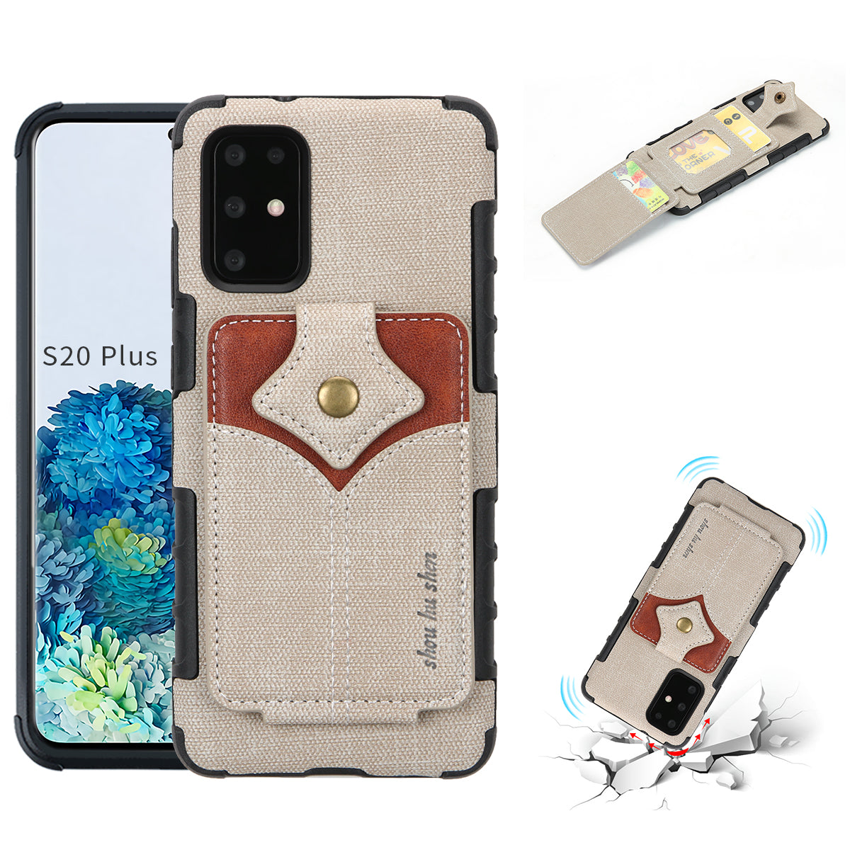 SHOUHUSHEN Maple Buckle Card Holder Leather Coated Hard Plastic Case for Samsung Galaxy S20 Plus - Light Grey