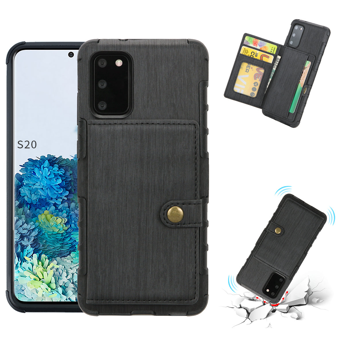 SHOUHUSHEN Brushed with Card Slots PU Leather Coated Hard PC Shell for Samsung Galaxy S20 4G/S20 5G - Black