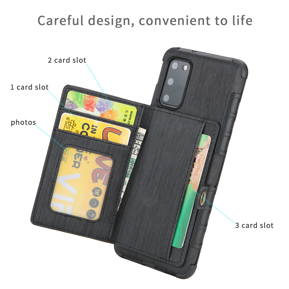 SHOUHUSHEN Brushed with Card Slots PU Leather Coated Hard PC Shell for Samsung Galaxy S20 4G/S20 5G - Black