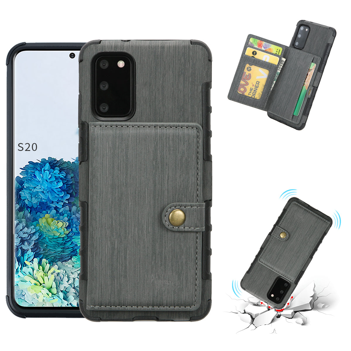 SHOUHUSHEN Brushed with Card Slots PU Leather Coated Hard PC Shell for Samsung Galaxy S20 4G/S20 5G - Grey