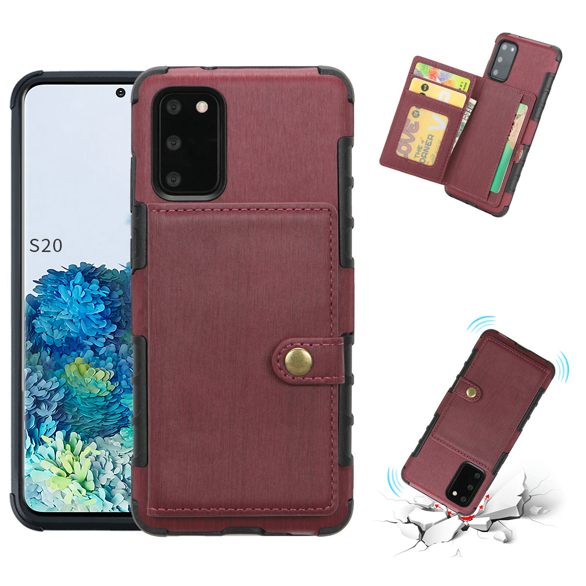 SHOUHUSHEN Brushed with Card Slots PU Leather Coated Hard PC Shell for Samsung Galaxy S20 4G/S20 5G - Wine Red