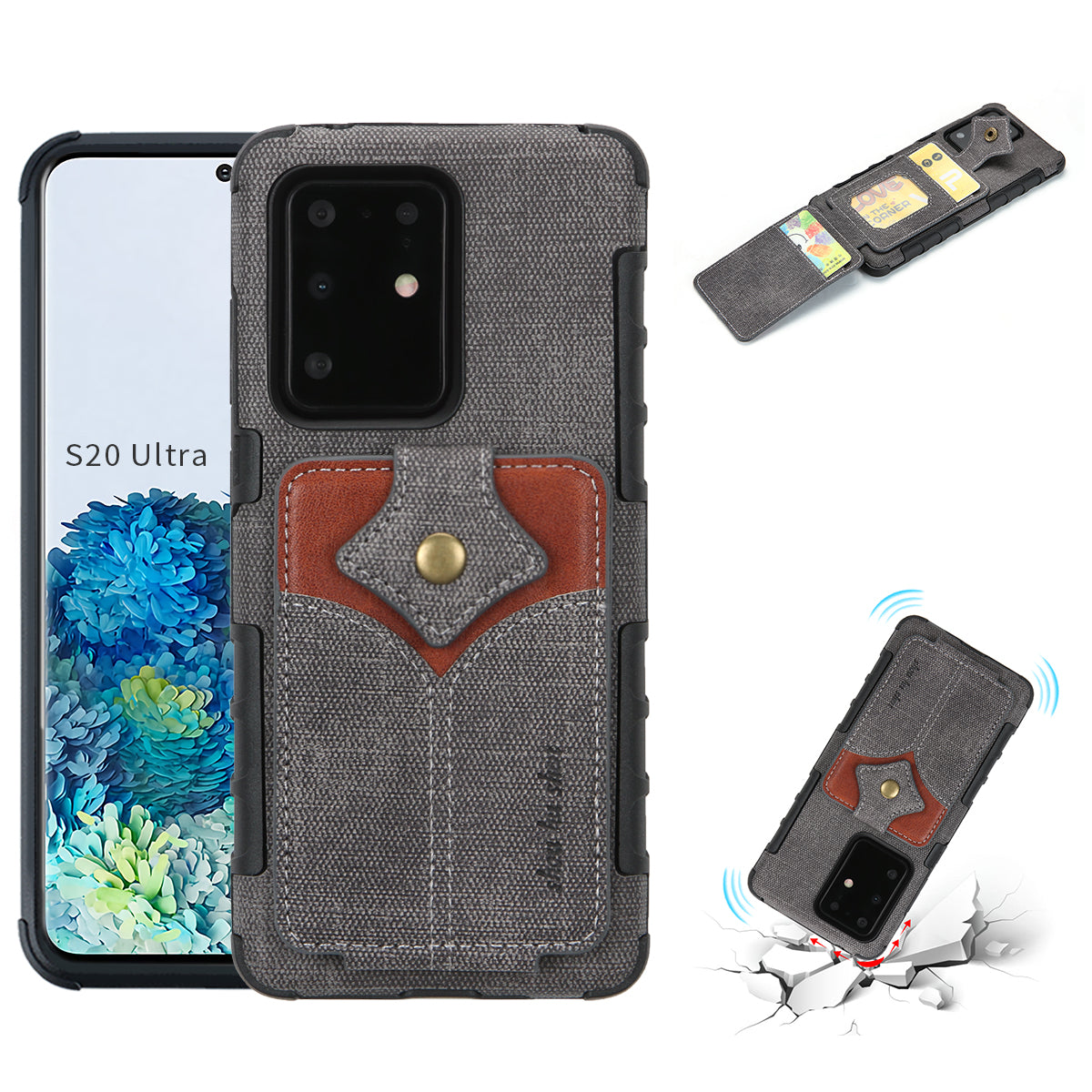 SHOUHUSHEN Maple Buckle Card Holder Leather Coated PC Case for Samsung Galaxy S20 Ultra - Dark Grey