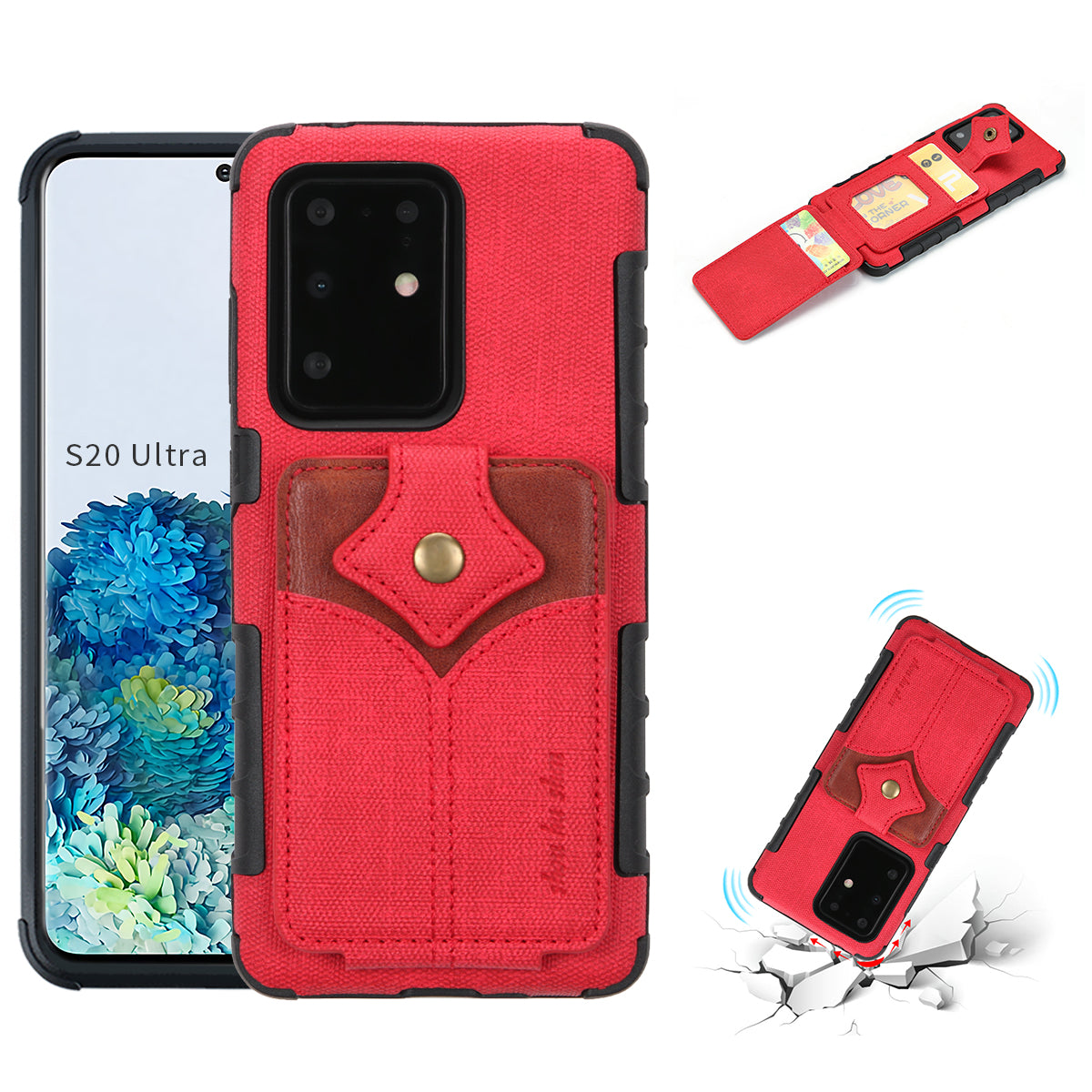 SHOUHUSHEN Maple Buckle Card Holder Leather Coated PC Case for Samsung Galaxy S20 Ultra - Red