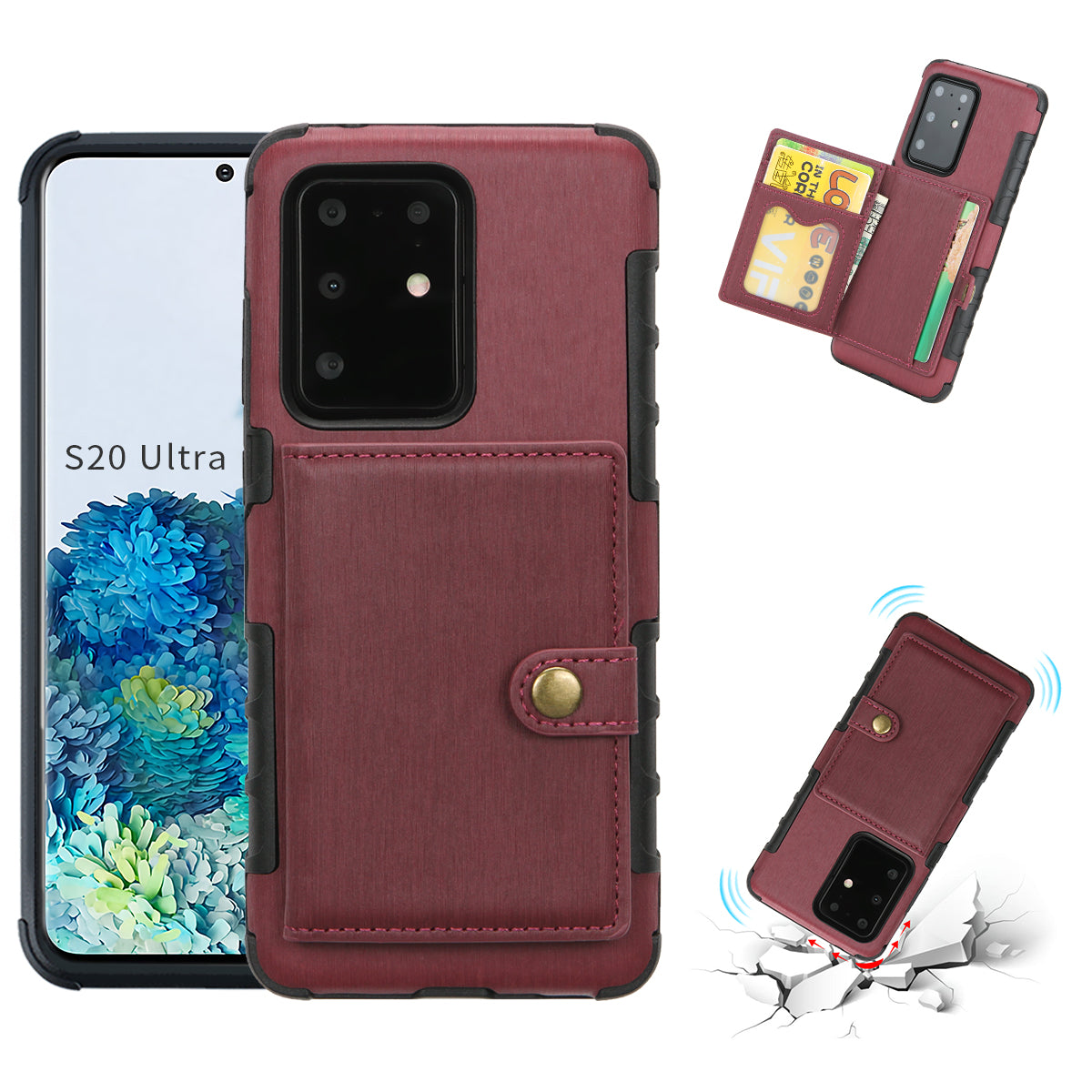 SHOUHUSHEN Cover PU Leather Coated Hard PC Case for Samsung Galaxy S20 Ultra - Wine Red