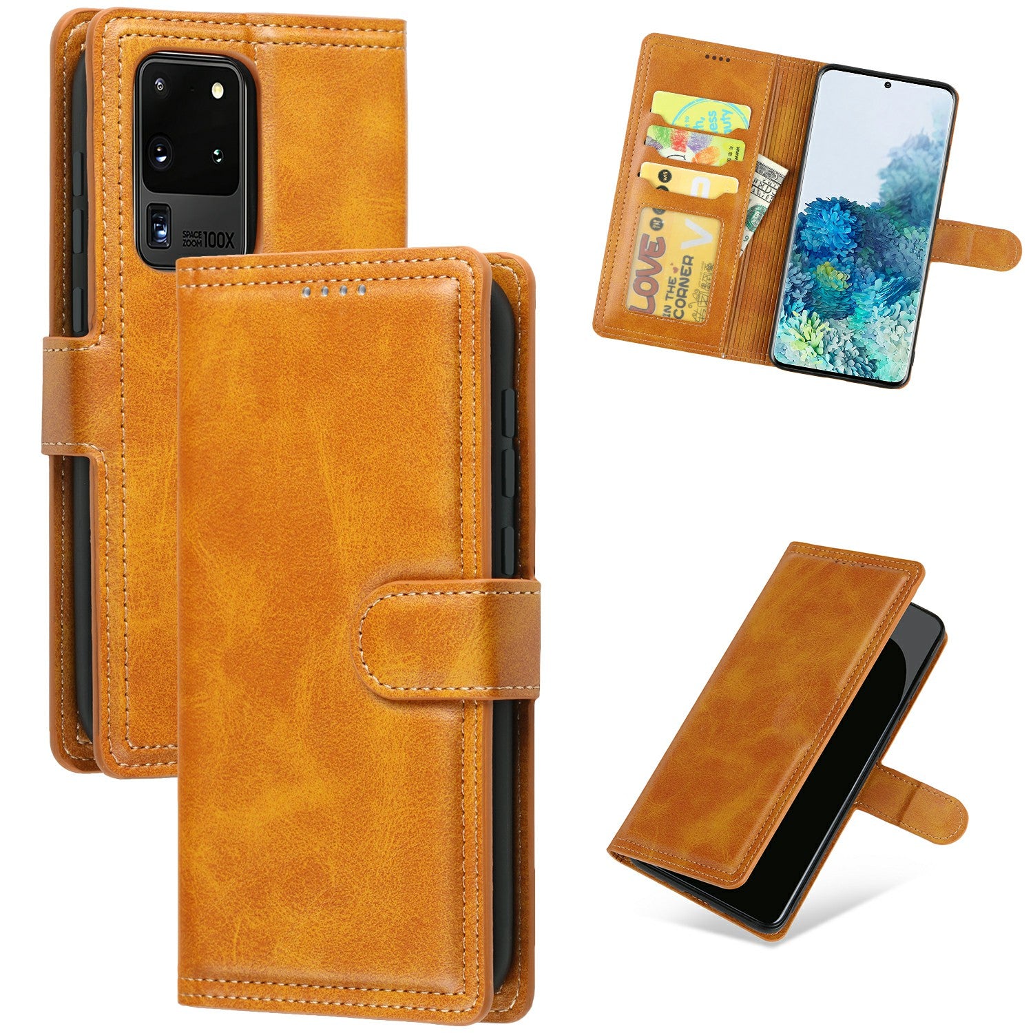 Auto-absorbed Wallet Leather Phone Cover Case [Support Wireless Charging] for Samsung Galaxy S20 Ultra - Brown