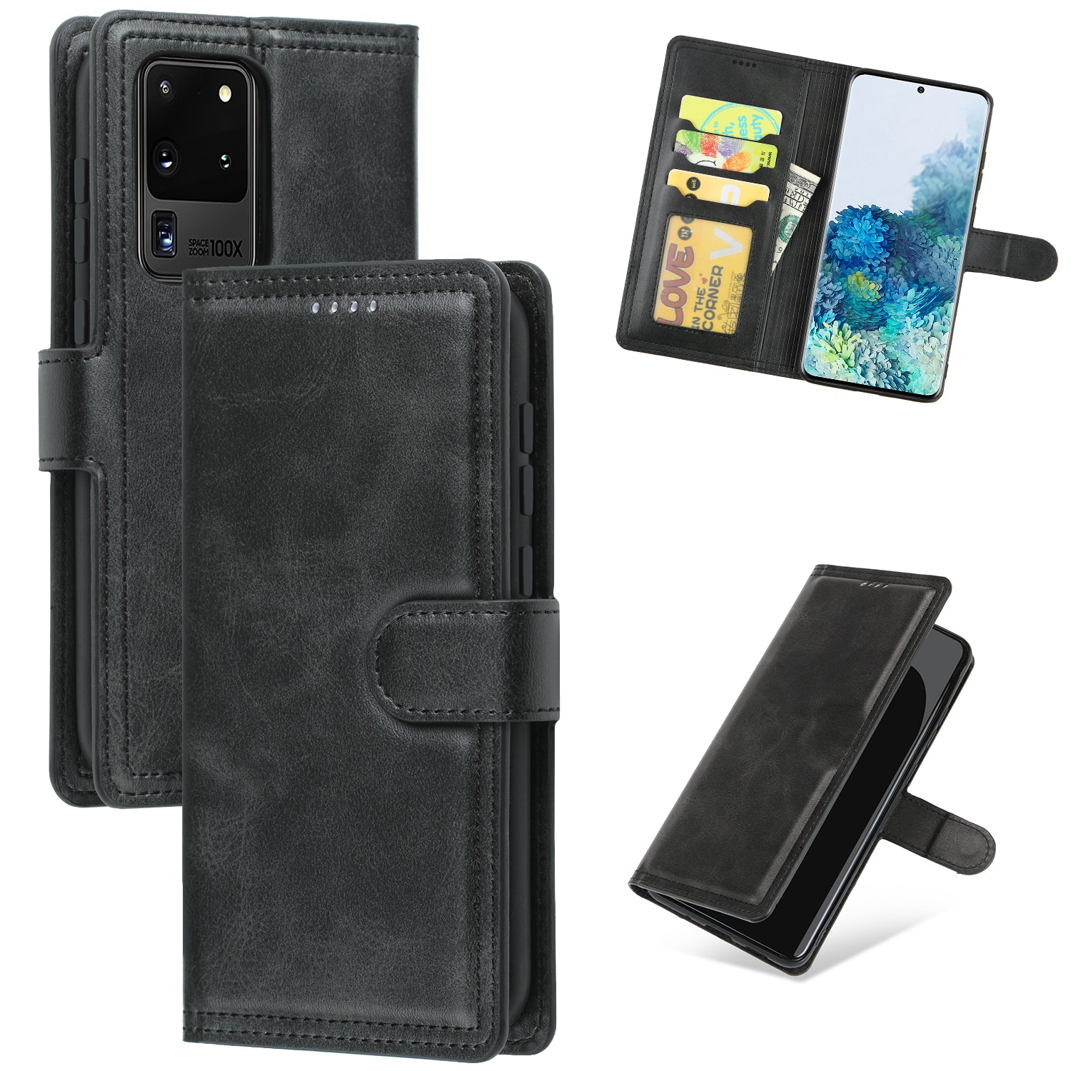 Auto-absorbed Wallet Leather Phone Cover Case [Support Wireless Charging] for Samsung Galaxy S20 Ultra - Black