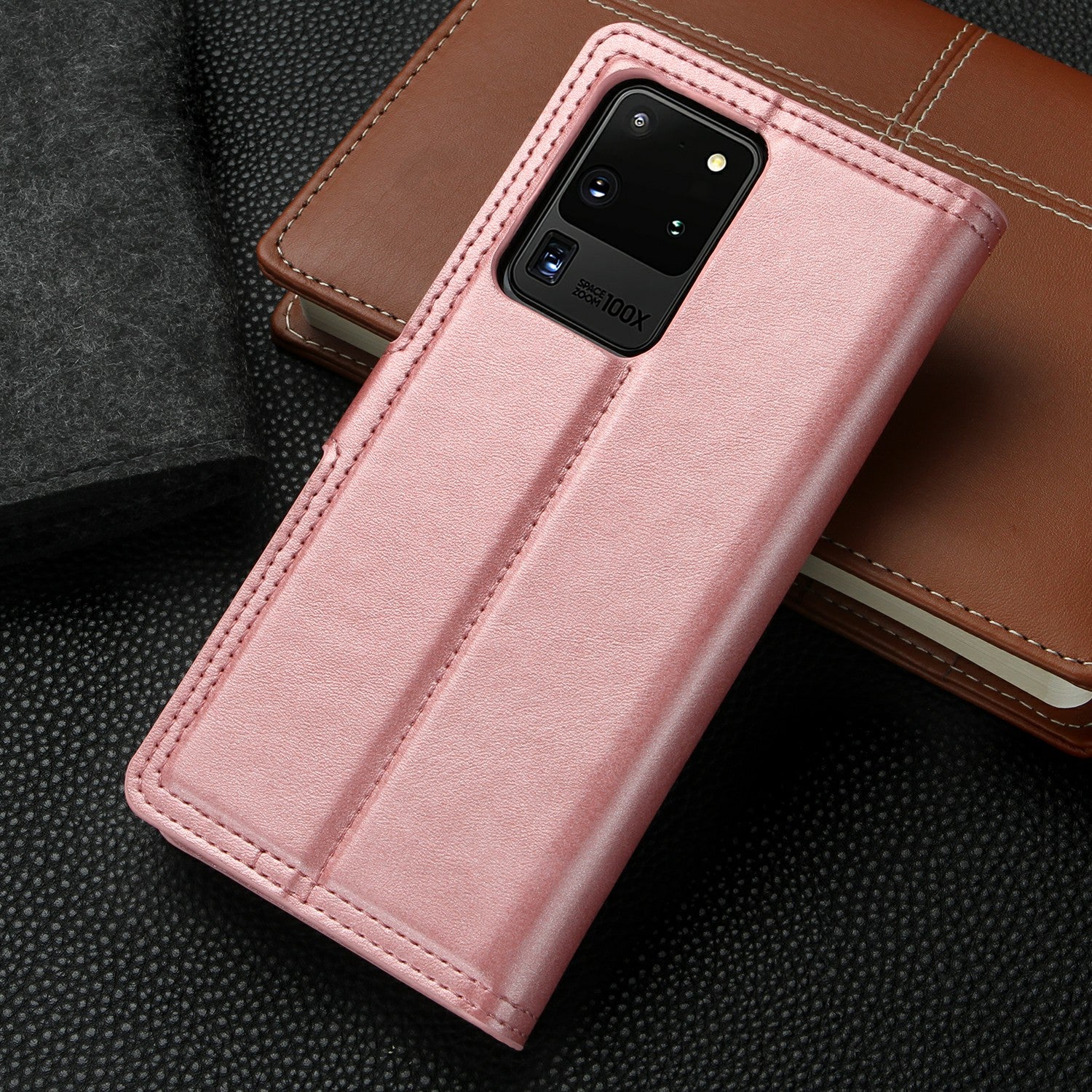 Auto-absorbed Wallet Leather Phone Cover Case [Support Wireless Charging] for Samsung Galaxy S20 Ultra - Rose Gold