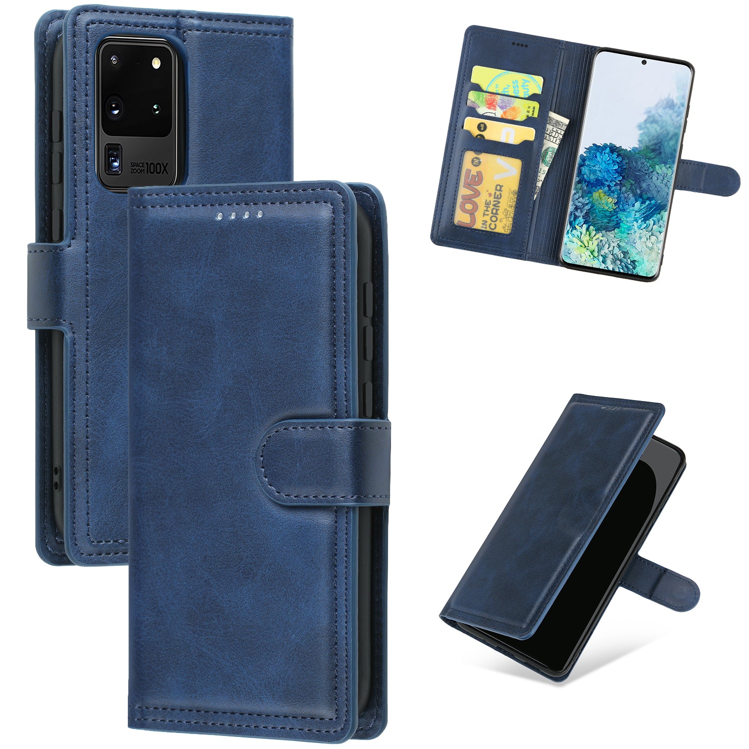 Auto-absorbed Wallet Leather Phone Cover Case [Support Wireless Charging] for Samsung Galaxy S20 Ultra - Blue