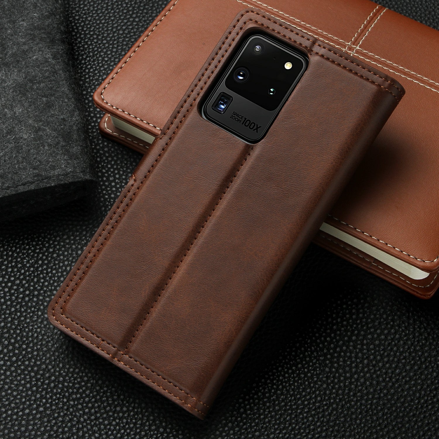 Auto-absorbed Wallet Leather Phone Cover Case [Support Wireless Charging] for Samsung Galaxy S20 Ultra - Coffee