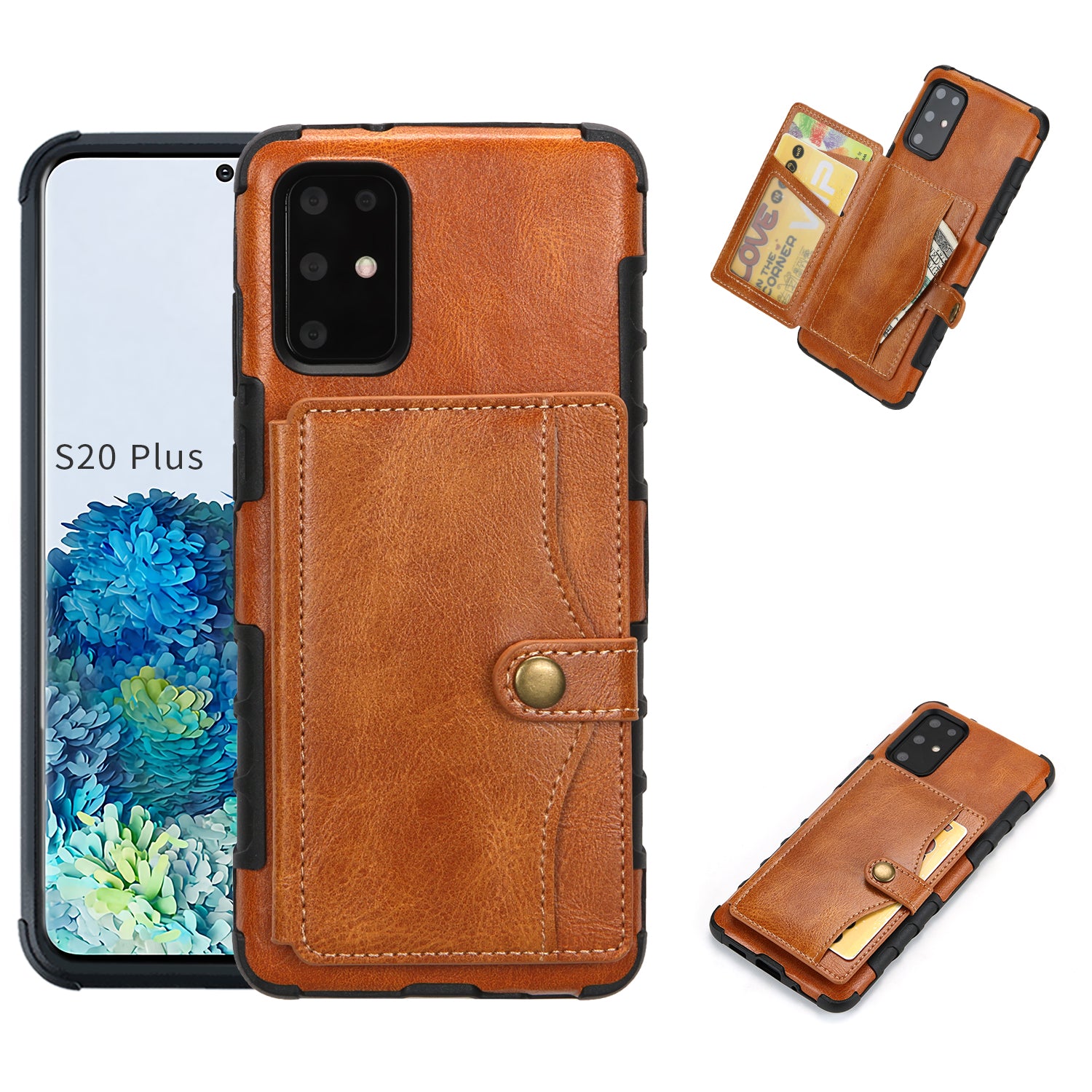 SHOUHUSHEN Retro Style Card Slots PU Leather Coated Hard PC Case for Samsung Galaxy S20 Plus - Brown