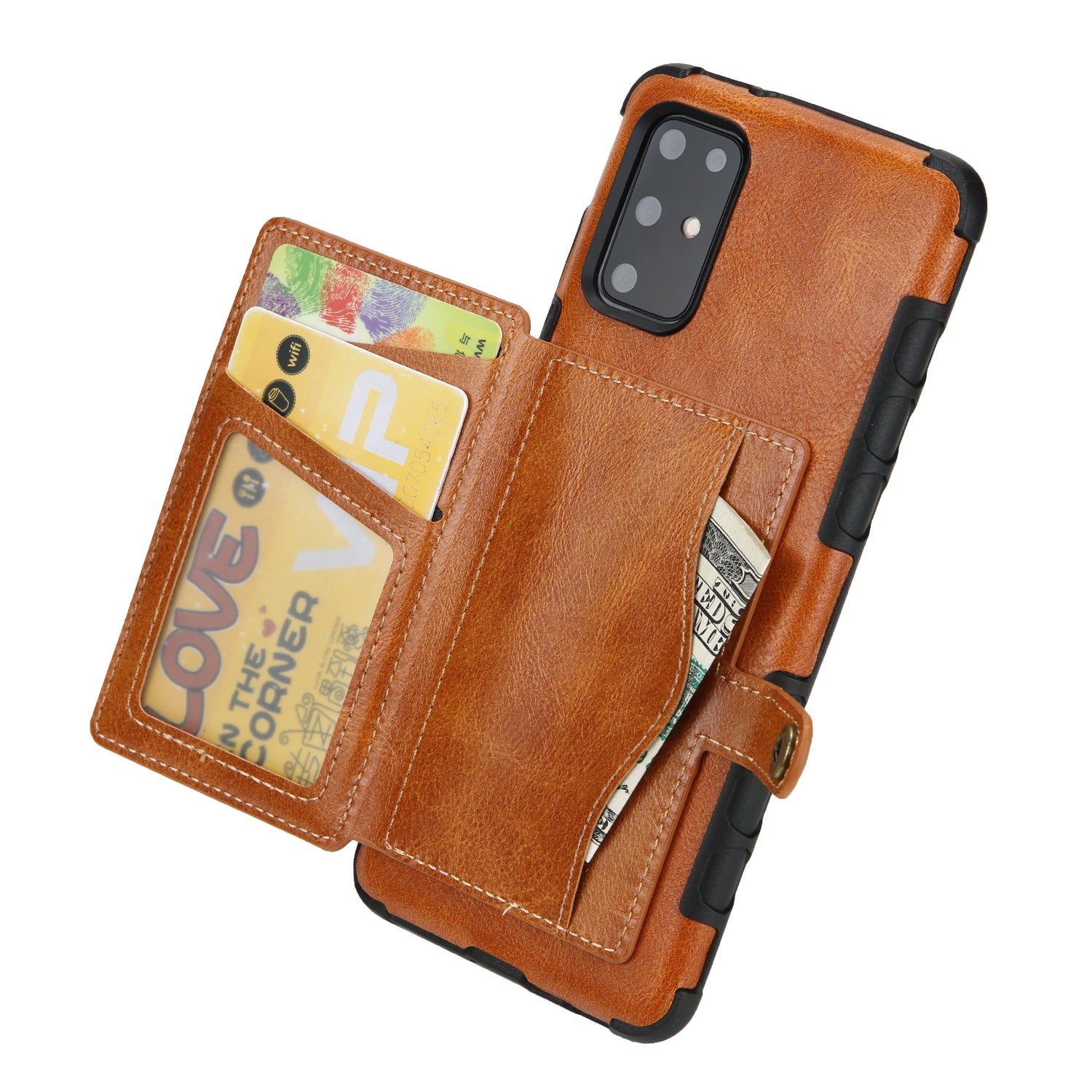 SHOUHUSHEN Retro Style Card Slots PU Leather Coated Hard PC Case for Samsung Galaxy S20 Plus - Brown