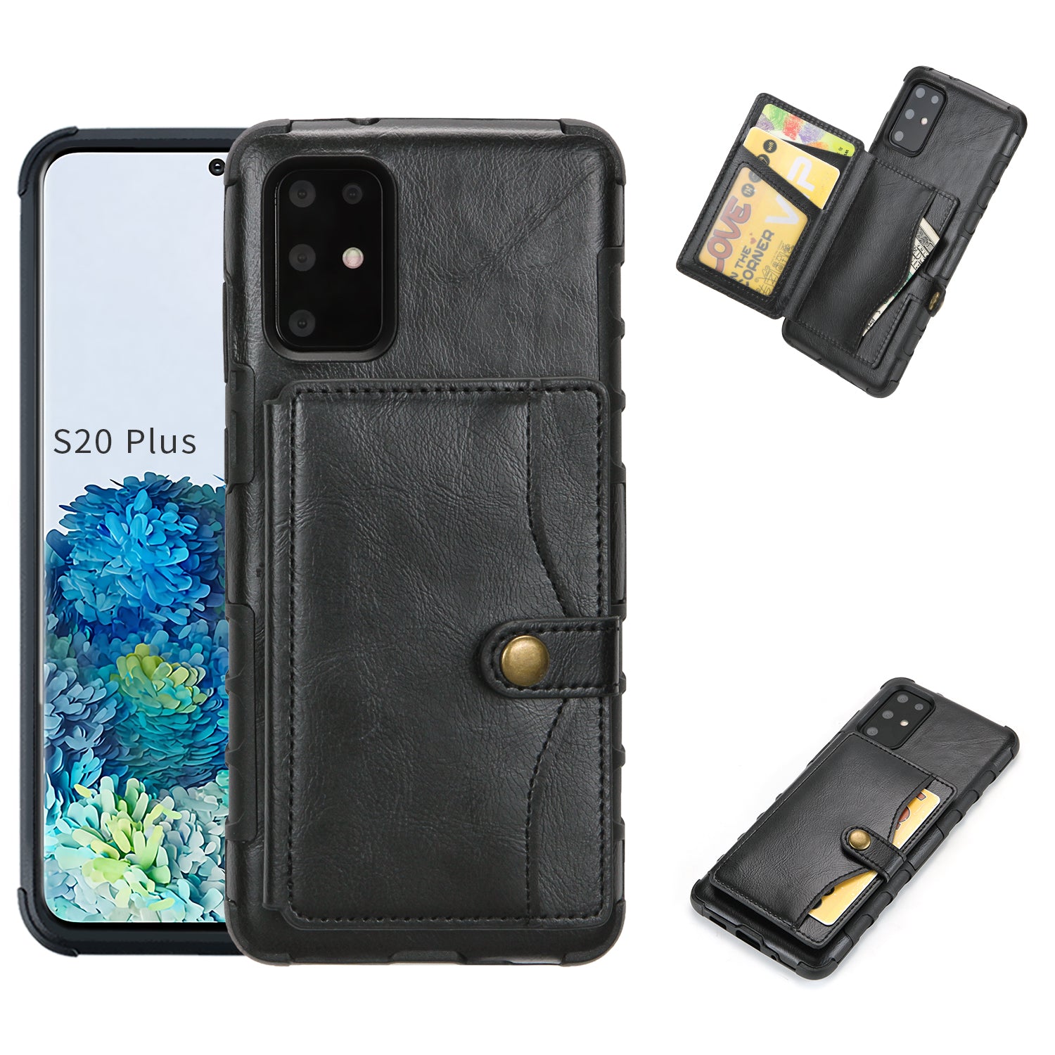 SHOUHUSHEN Retro Style Card Slots PU Leather Coated Hard PC Case for Samsung Galaxy S20 Plus - Black