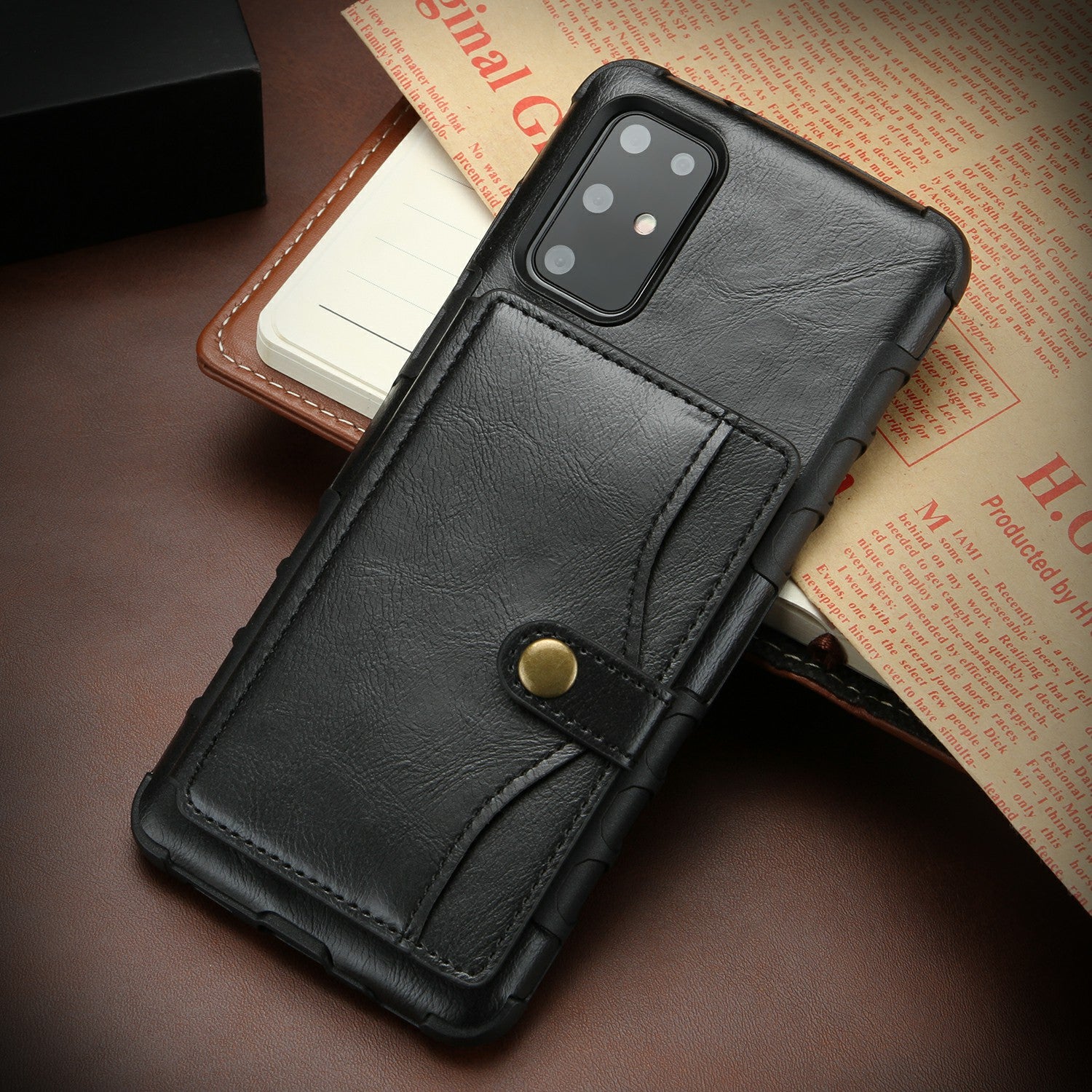 SHOUHUSHEN Retro Style Card Slots PU Leather Coated Hard PC Case for Samsung Galaxy S20 Plus - Black