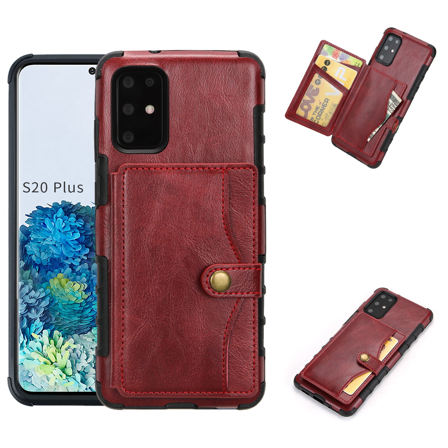 SHOUHUSHEN Retro Style Card Slots PU Leather Coated Hard PC Case for Samsung Galaxy S20 Plus - Wine Red