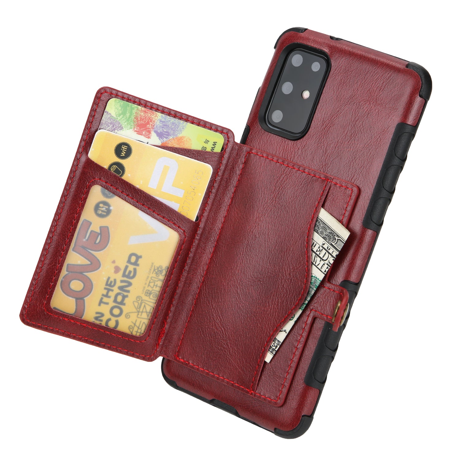 SHOUHUSHEN Retro Style Card Slots PU Leather Coated Hard PC Case for Samsung Galaxy S20 Plus - Wine Red