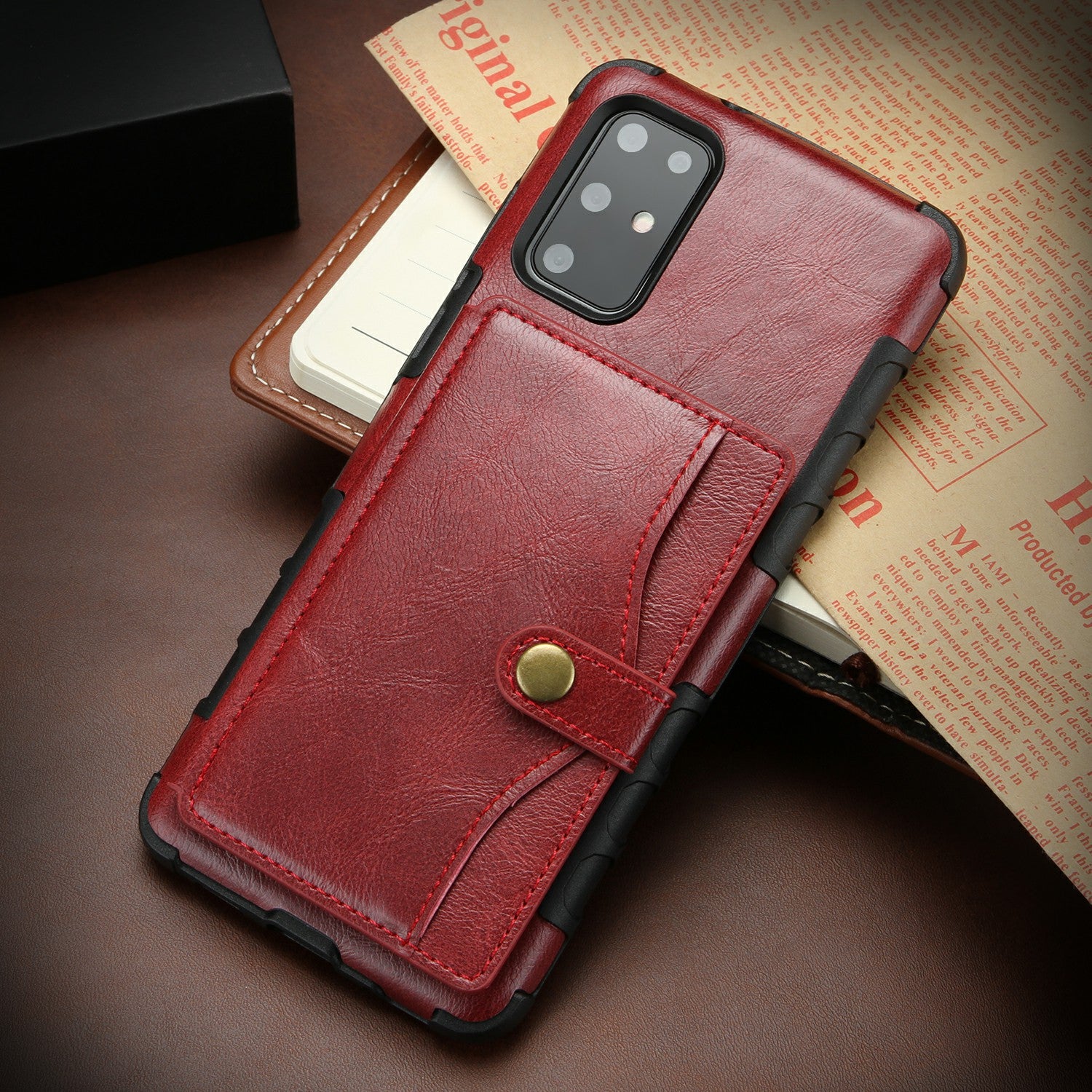 SHOUHUSHEN Retro Style Card Slots PU Leather Coated Hard PC Case for Samsung Galaxy S20 Plus - Wine Red