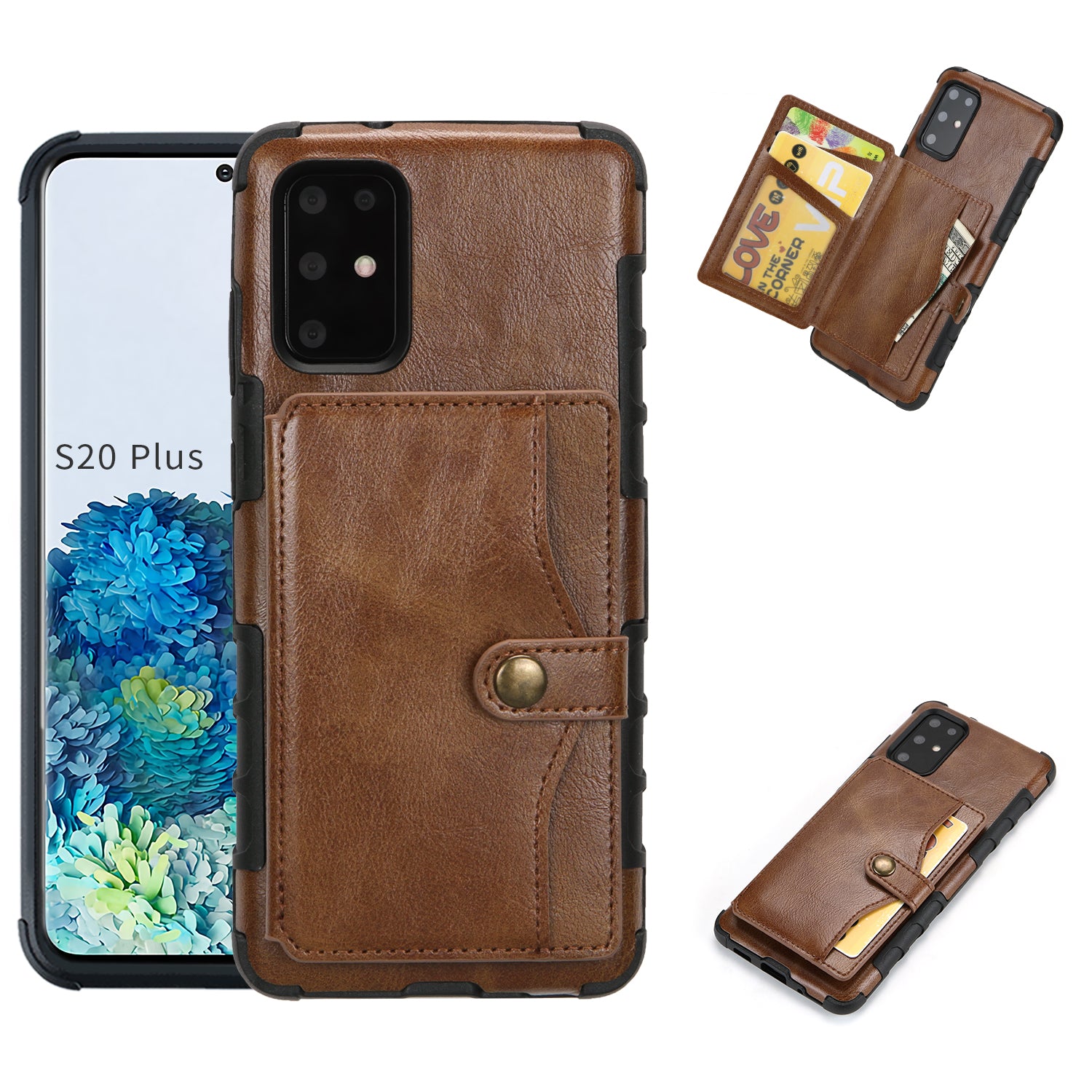 SHOUHUSHEN Retro Style Card Slots PU Leather Coated Hard PC Case for Samsung Galaxy S20 Plus - Coffee