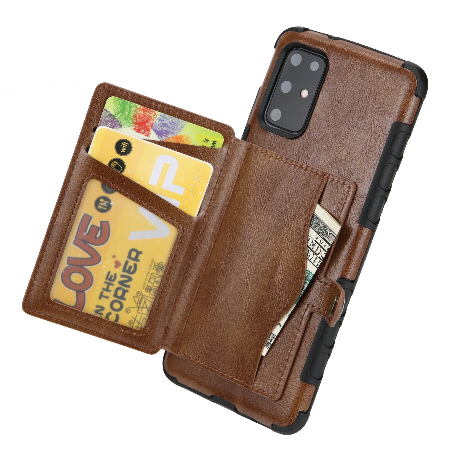 SHOUHUSHEN Retro Style Card Slots PU Leather Coated Hard PC Case for Samsung Galaxy S20 Plus - Coffee