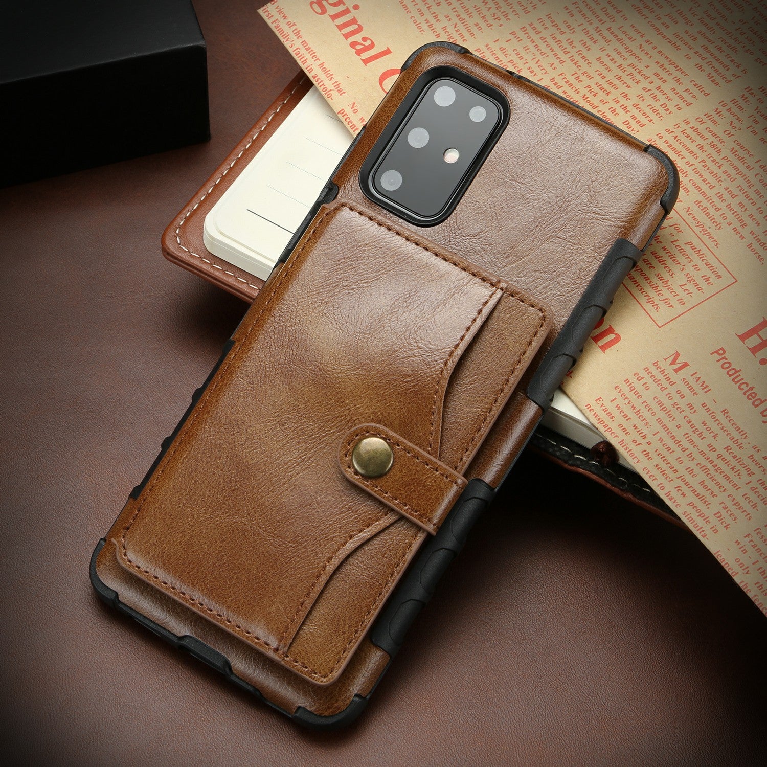 SHOUHUSHEN Retro Style Card Slots PU Leather Coated Hard PC Case for Samsung Galaxy S20 Plus - Coffee