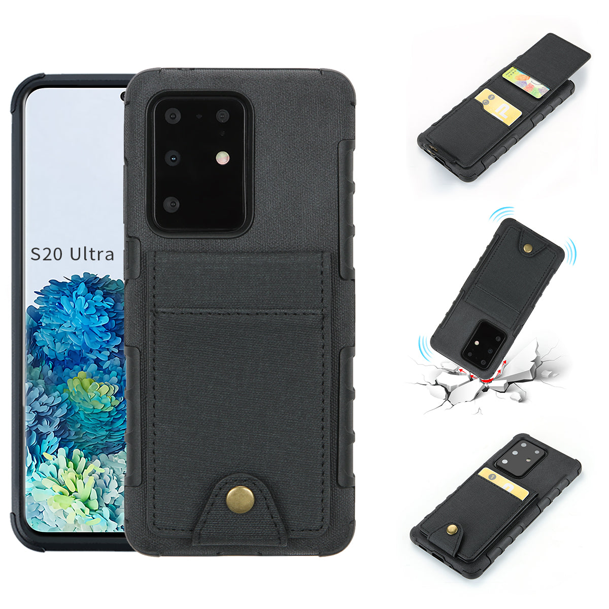 SHOUHUSHEN Leather Coated TPU Shell Case with Card Slots for Samsung Galaxy S20 Ultra - Black