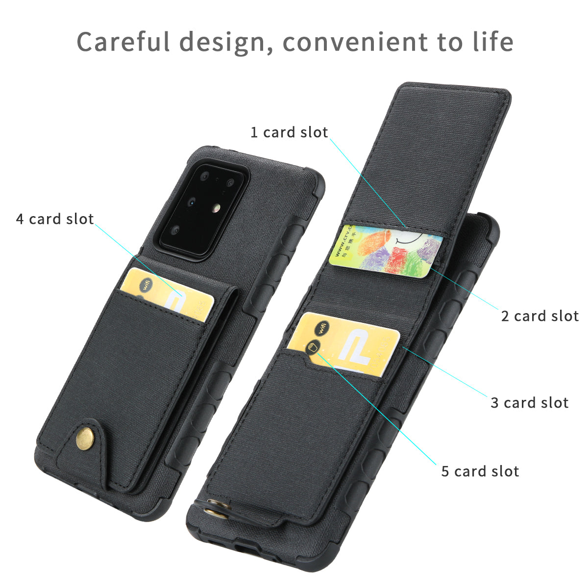 SHOUHUSHEN Leather Coated TPU Shell Case with Card Slots for Samsung Galaxy S20 Ultra - Black