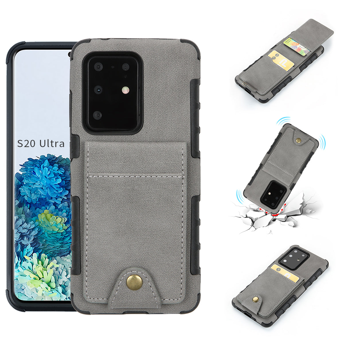 SHOUHUSHEN Leather Coated TPU Shell Case with Card Slots for Samsung Galaxy S20 Ultra - Grey