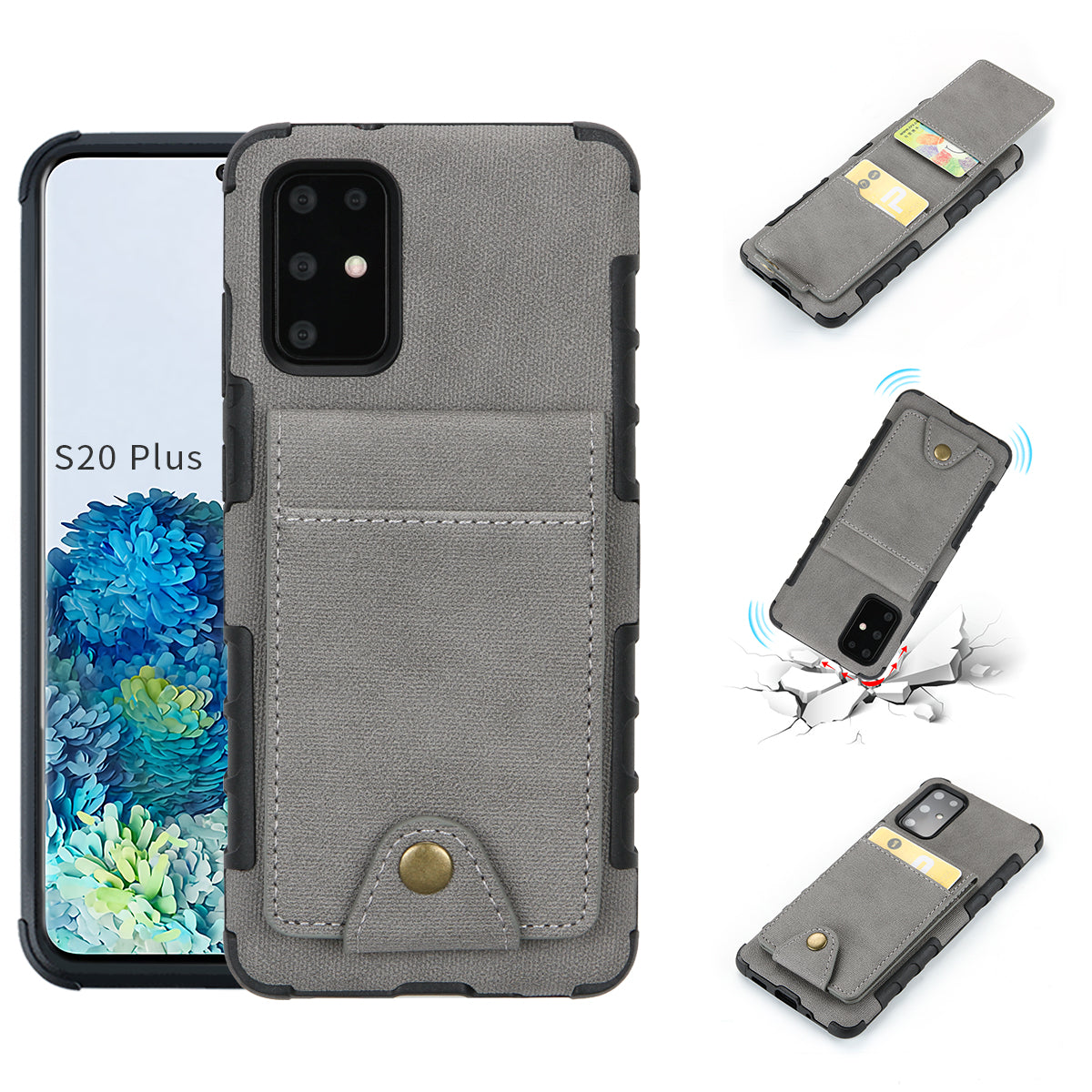 SHOUHUSHEN Leather Coated TPU Case with Card Slots for Samsung Galaxy S20 Plus - Grey