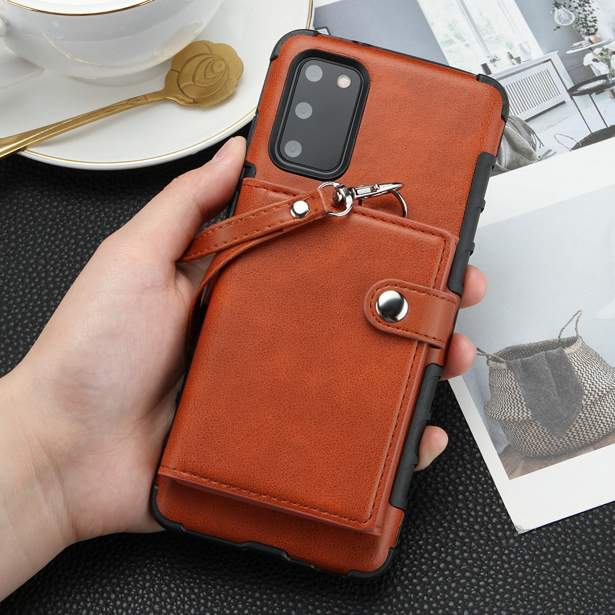 SHOUHUSHEN PU Leather Coated PC TPU Combo Shell for Samsung Galaxy S20 4G/S20 5G - Brown