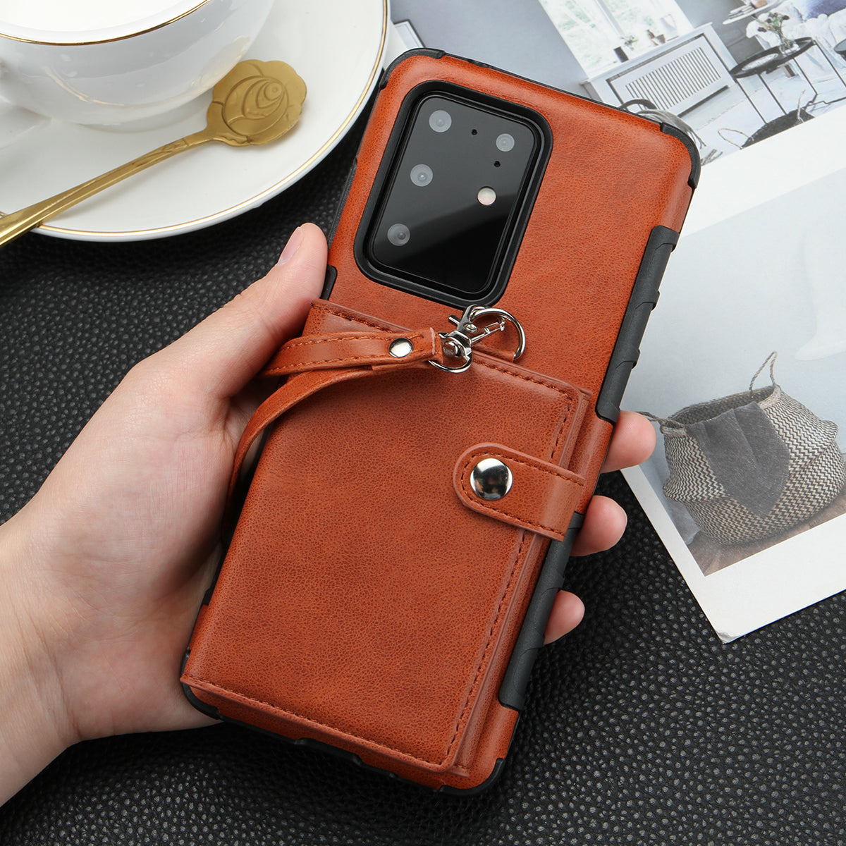 SHOUHUSHEN PU Leather Coated PC TPU Hybrid Case for Samsung Galaxy S20 Ultra - Brown