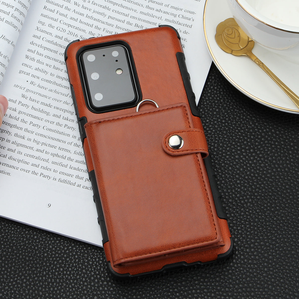 SHOUHUSHEN PU Leather Coated PC TPU Hybrid Case for Samsung Galaxy S20 Ultra - Brown