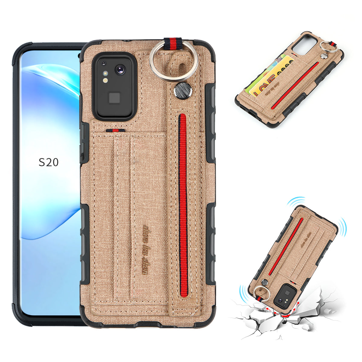 SHOUHUSHEN Cloth Coated Hybrid Case with Card Slot for Samsung Galaxy S20 Plus - Khaki