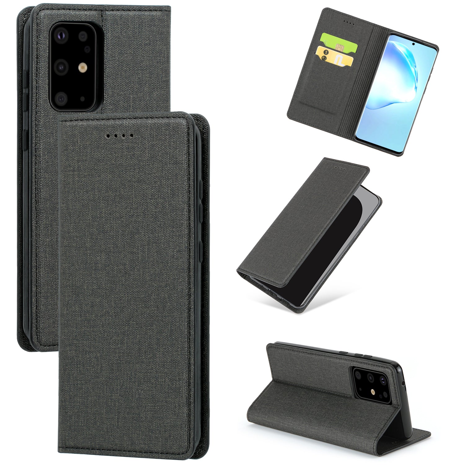 Auto-absorbed Cloth Texture Leather Stand Case with Card Slots for Samsung Galaxy S20 Ultra - Black