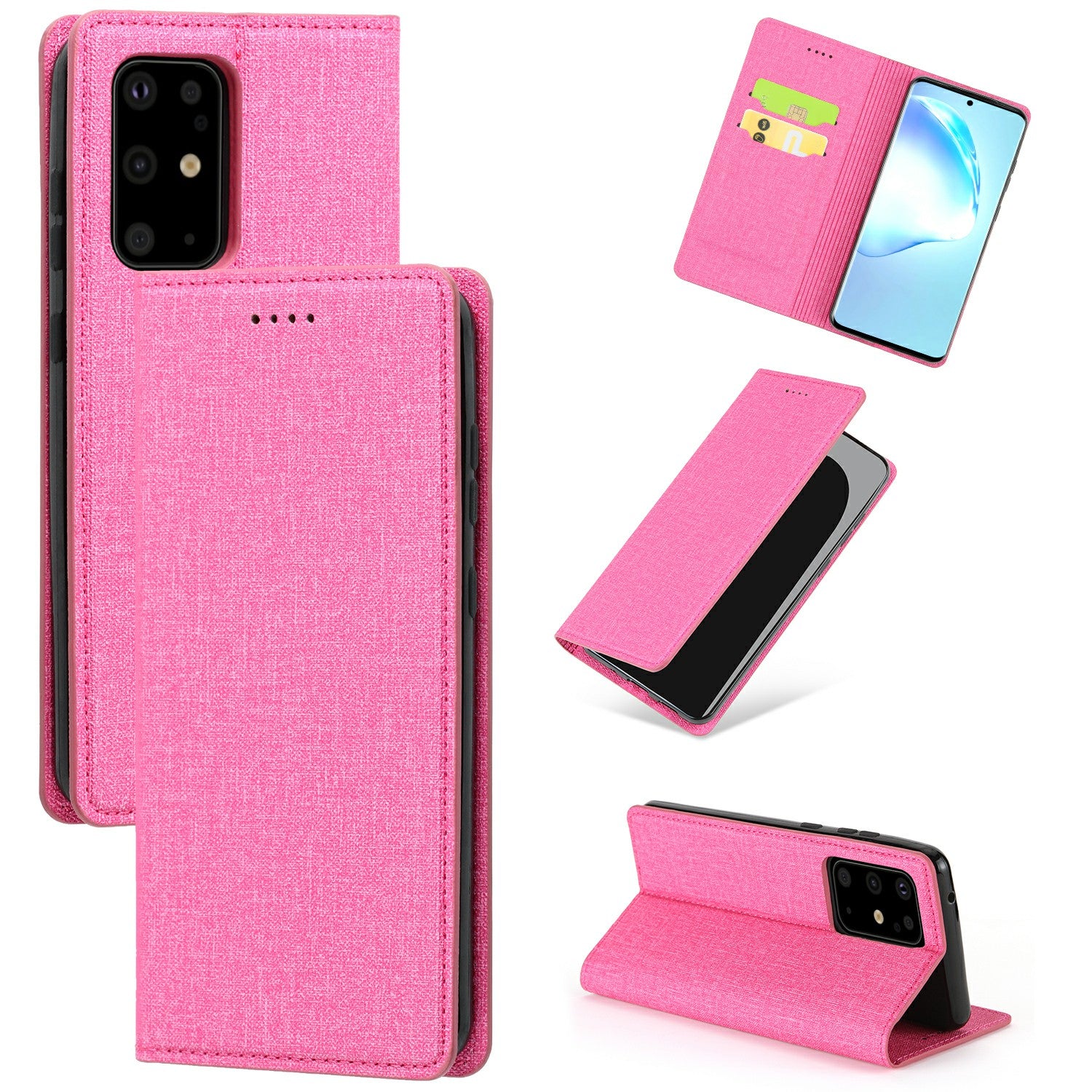 Auto-absorbed Cloth Texture Leather Stand Case with Card Slots for Samsung Galaxy S20 Ultra - Rose