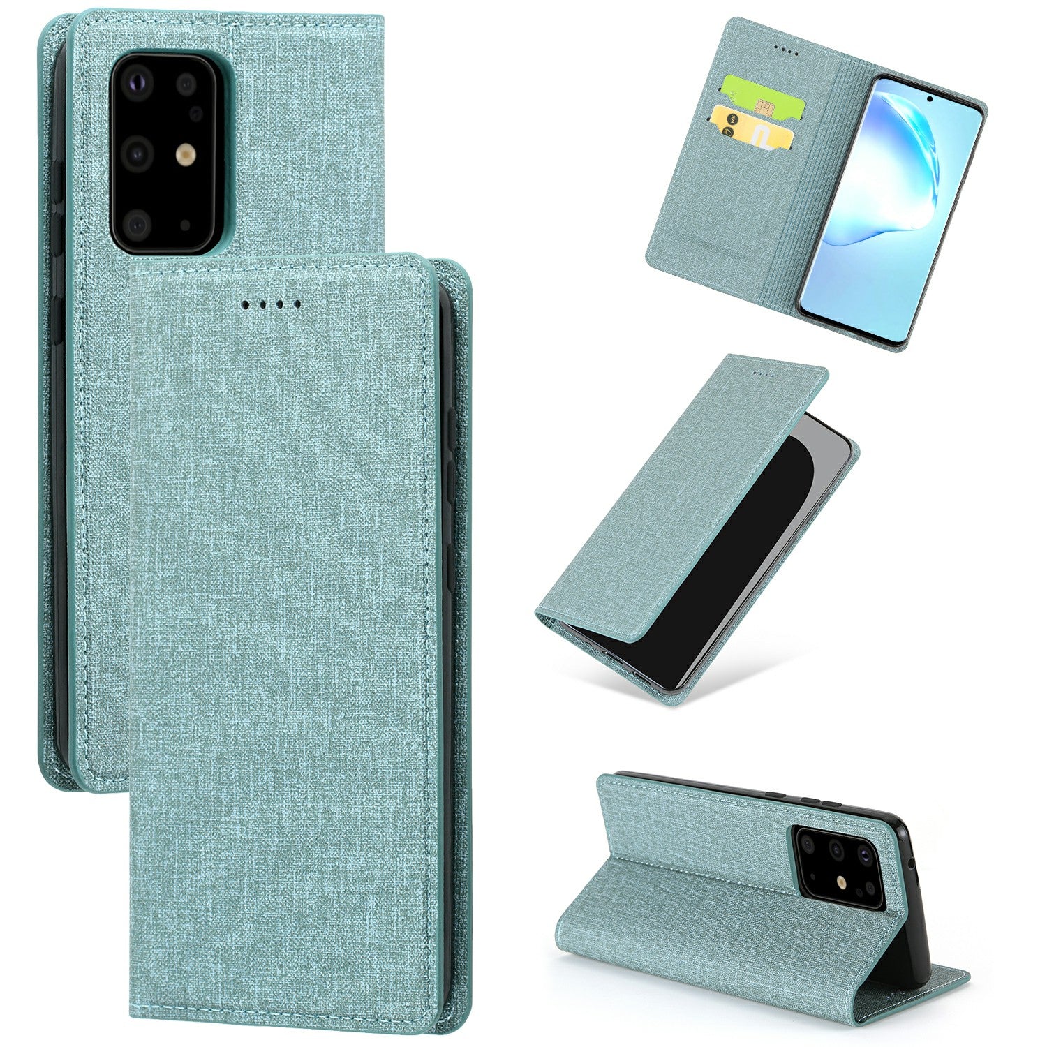 Auto-absorbed Cloth Texture Leather Stand Case with Card Slots for Samsung Galaxy S20 Ultra - Cyan